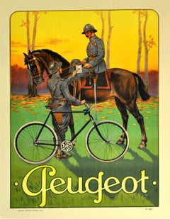 Original Antique Poster Cycles Peugeot Bicycles Messenger Military Horse Soldier