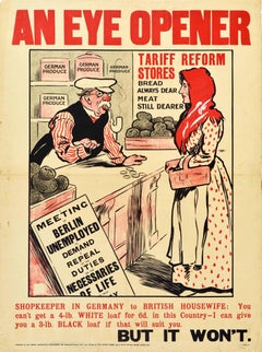 Original Antikes Original-Poster, Öffneröffner, Tarif, Reform, Lebensmittel, Steuern, Deutschland, Britisches Brot