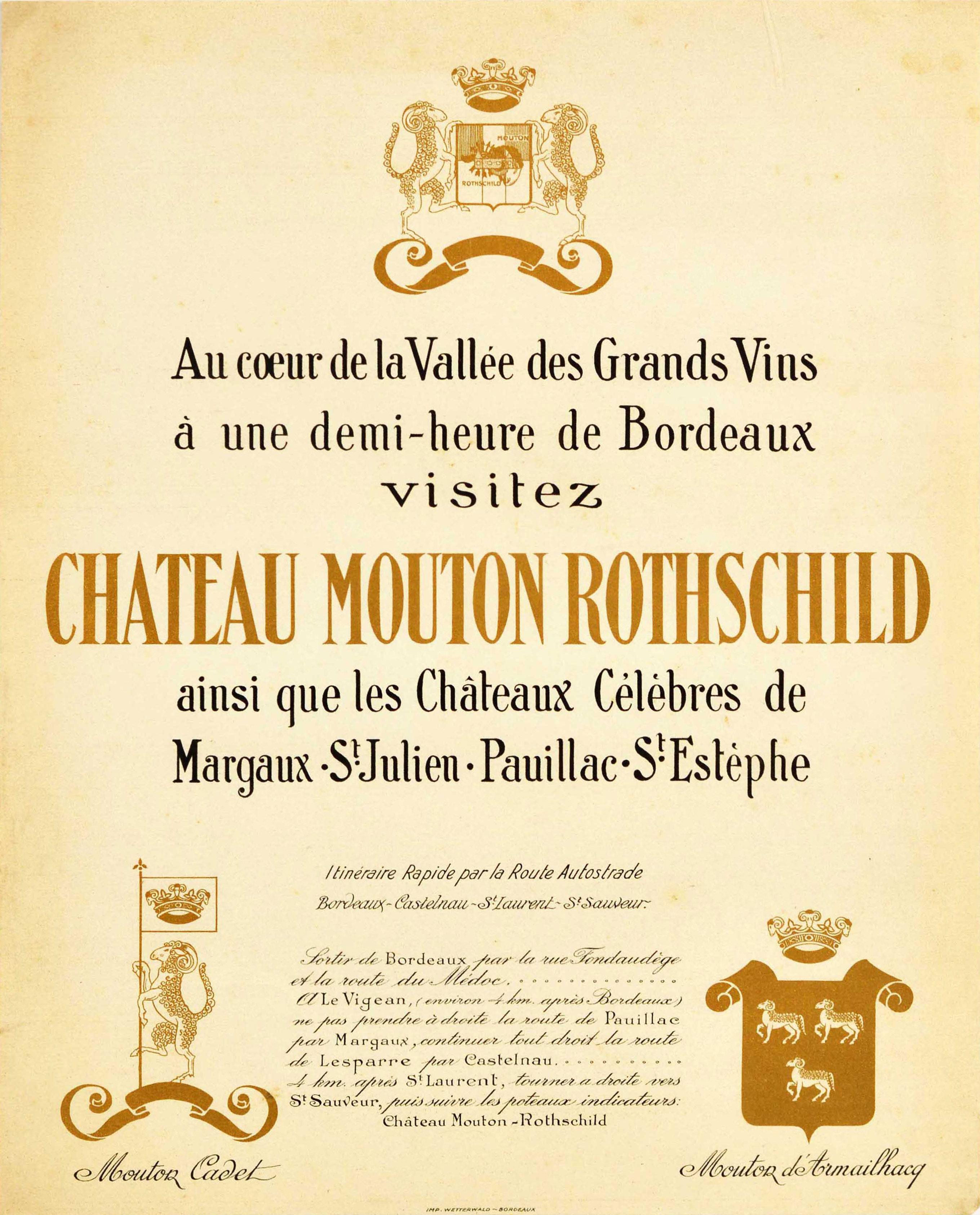 Unknown Print - Original Antique Poster For Chateau Mouton Rothschild Bordeaux Wine Grands Vins 