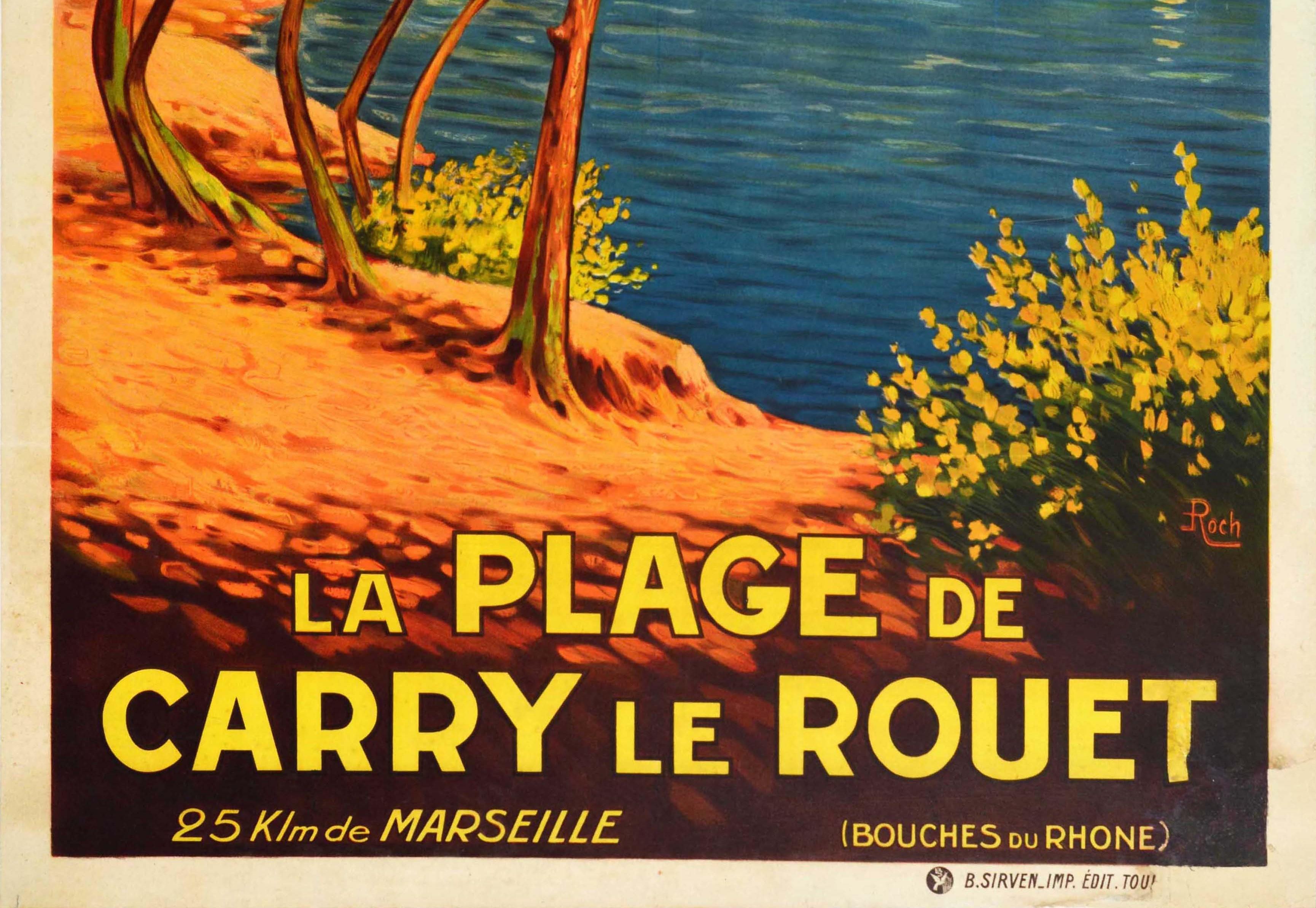 Original Antikes Originalplakat für La Plage De Carry Le Rouet, Meereslandschaft, Strand, Segeln, Kunst (Braun), Print, von Unknown