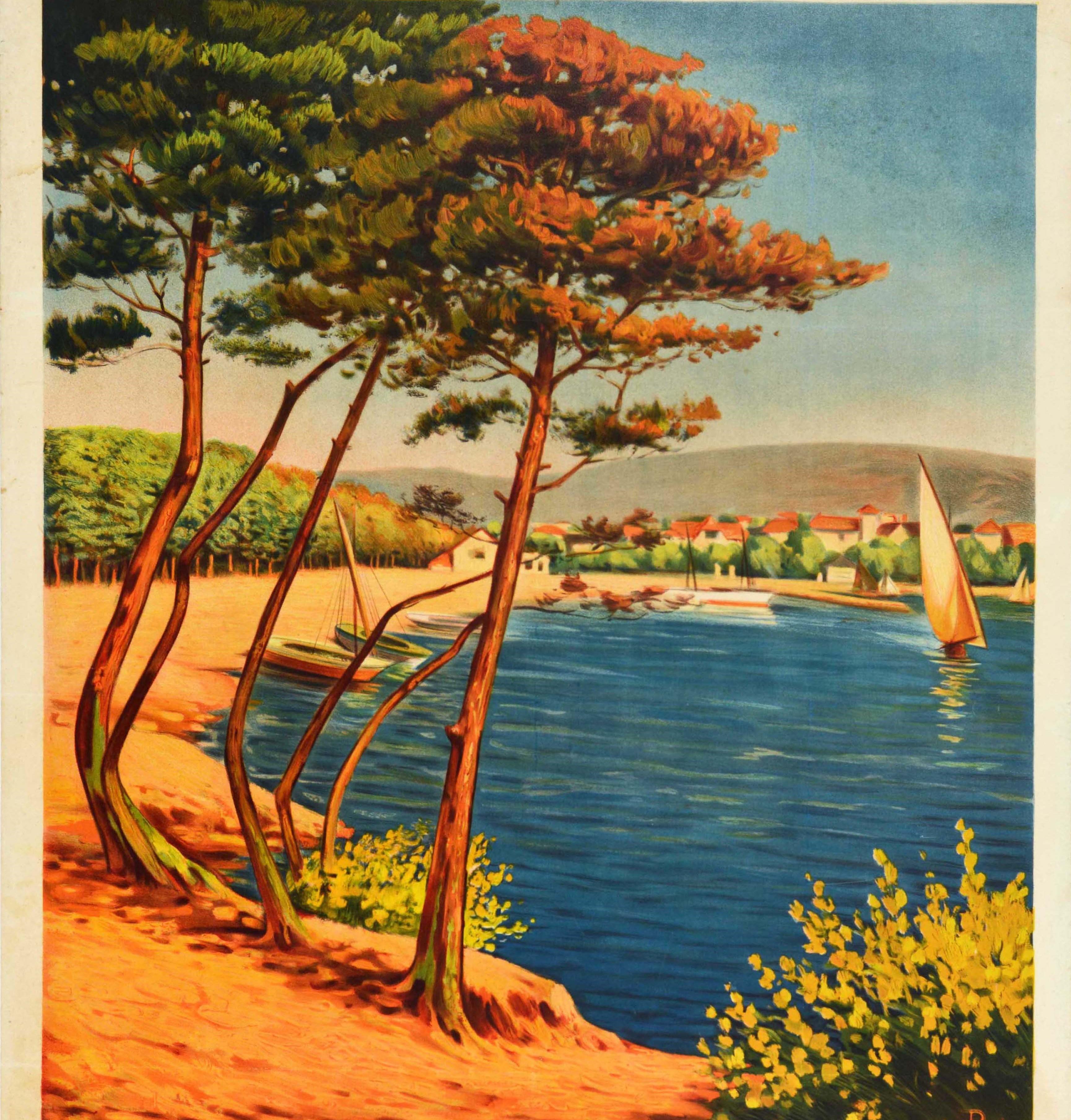 Original antique travel poster for the seaside resort village of Carry Le Rouet located 25km from Marseille featuring a scenic view of sailing boats at sea with trees in the foreground and hills in the distance behind the houses on the other side of