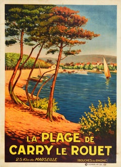 Affiche ancienne originale pour La Plage De Carry Le Rouet Seaside Beach Sailing Art