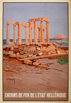 Original Antique Poster Greece Hellenic State Railway Ancient Ruins Train Travel