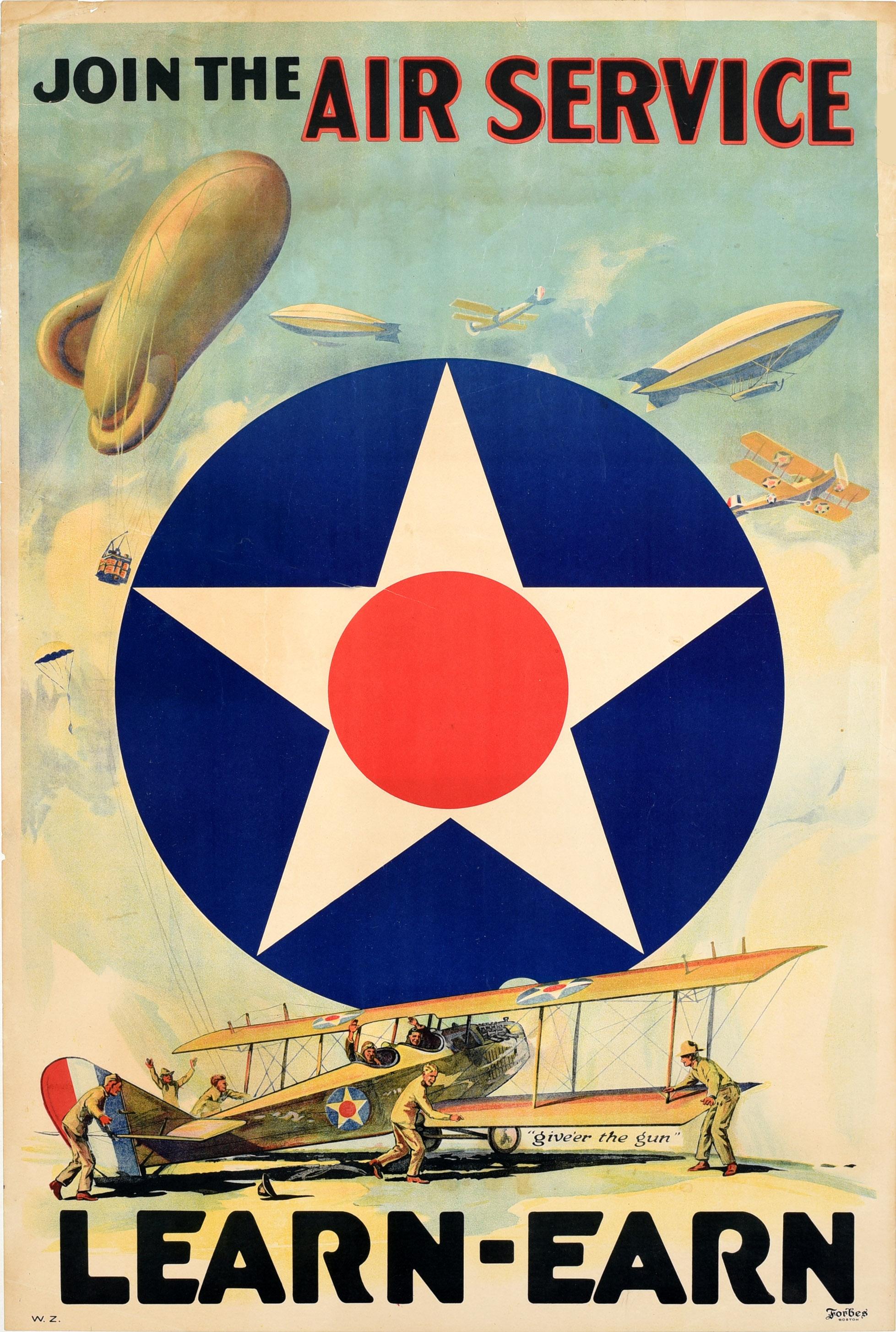 Unknown Print - Original Antique Poster Join The Air Service Learn Earn WWI US Army Air Corps