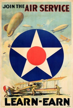 Original Antique Poster Join The Air Service Learn Earn WWI US Army Air Corps