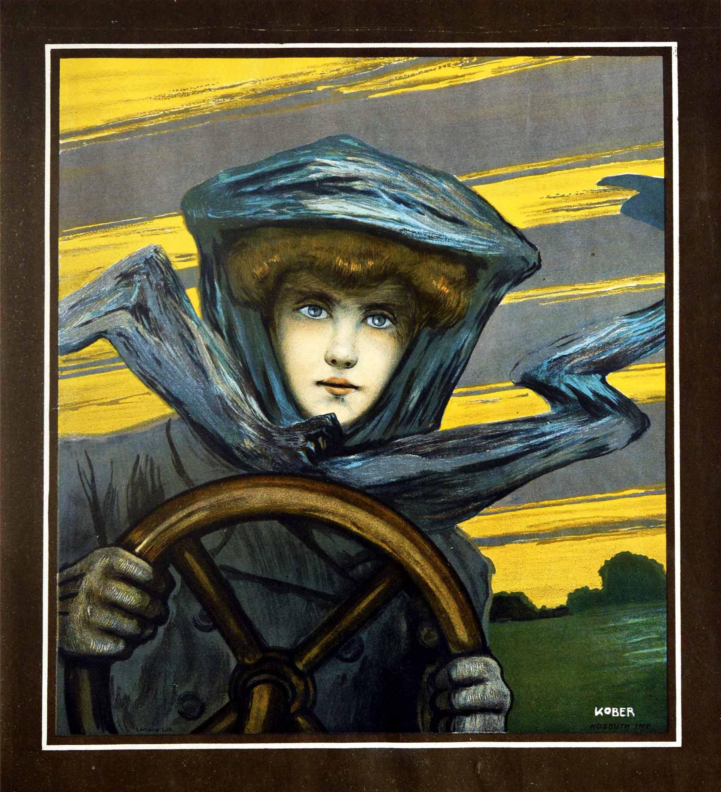 Original Antique Poster Lady Driver Classic Car Art Nouveau Automobile Artwork