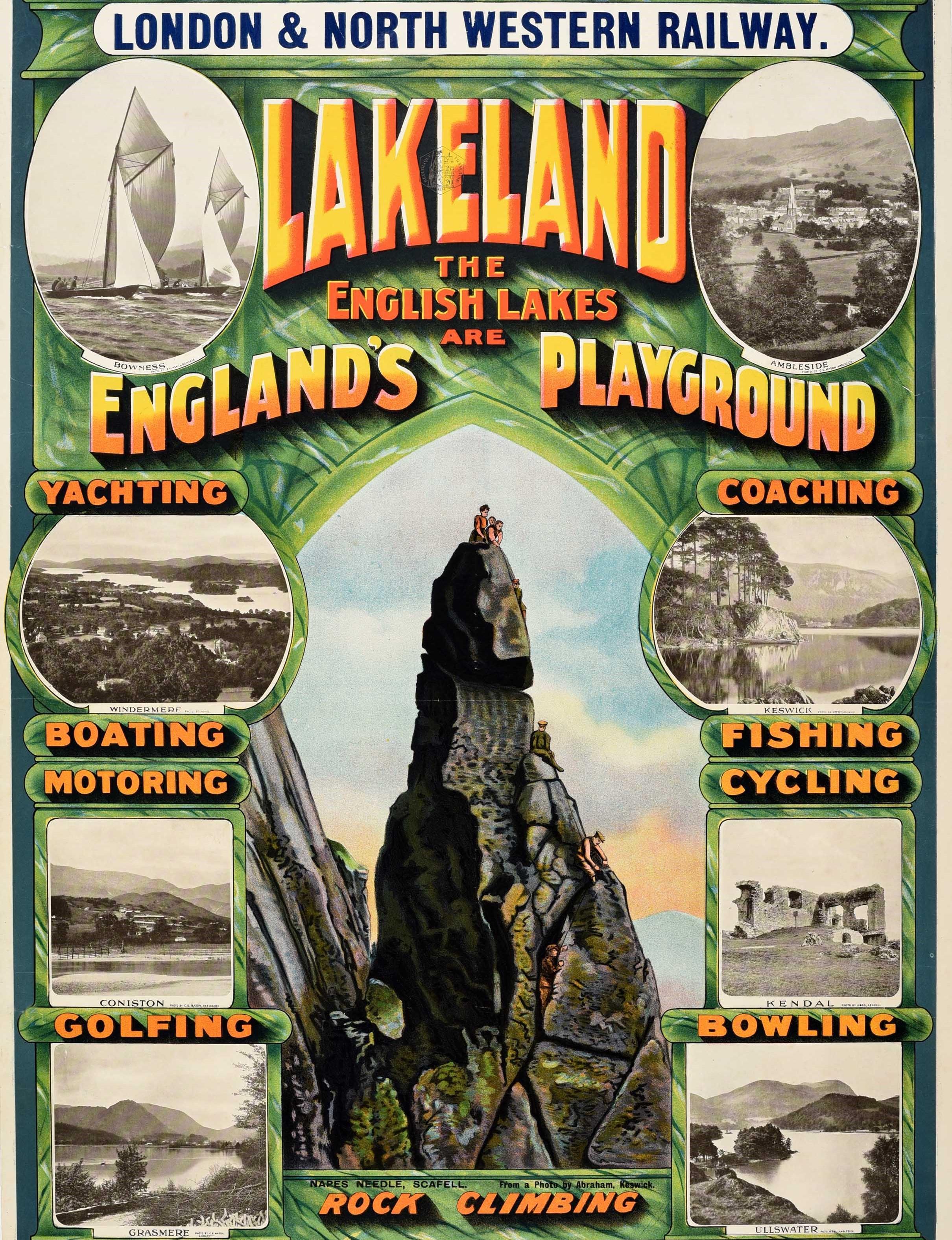 Original antikes London & North Western Railway Reiseplakat - Lakeland The English Lakes are England's Playground - mit Schwarz-Weiß-Bild der landschaftlichen Ansichten und der angebotenen Aktivitäten im Lake District, einschließlich Segeln und