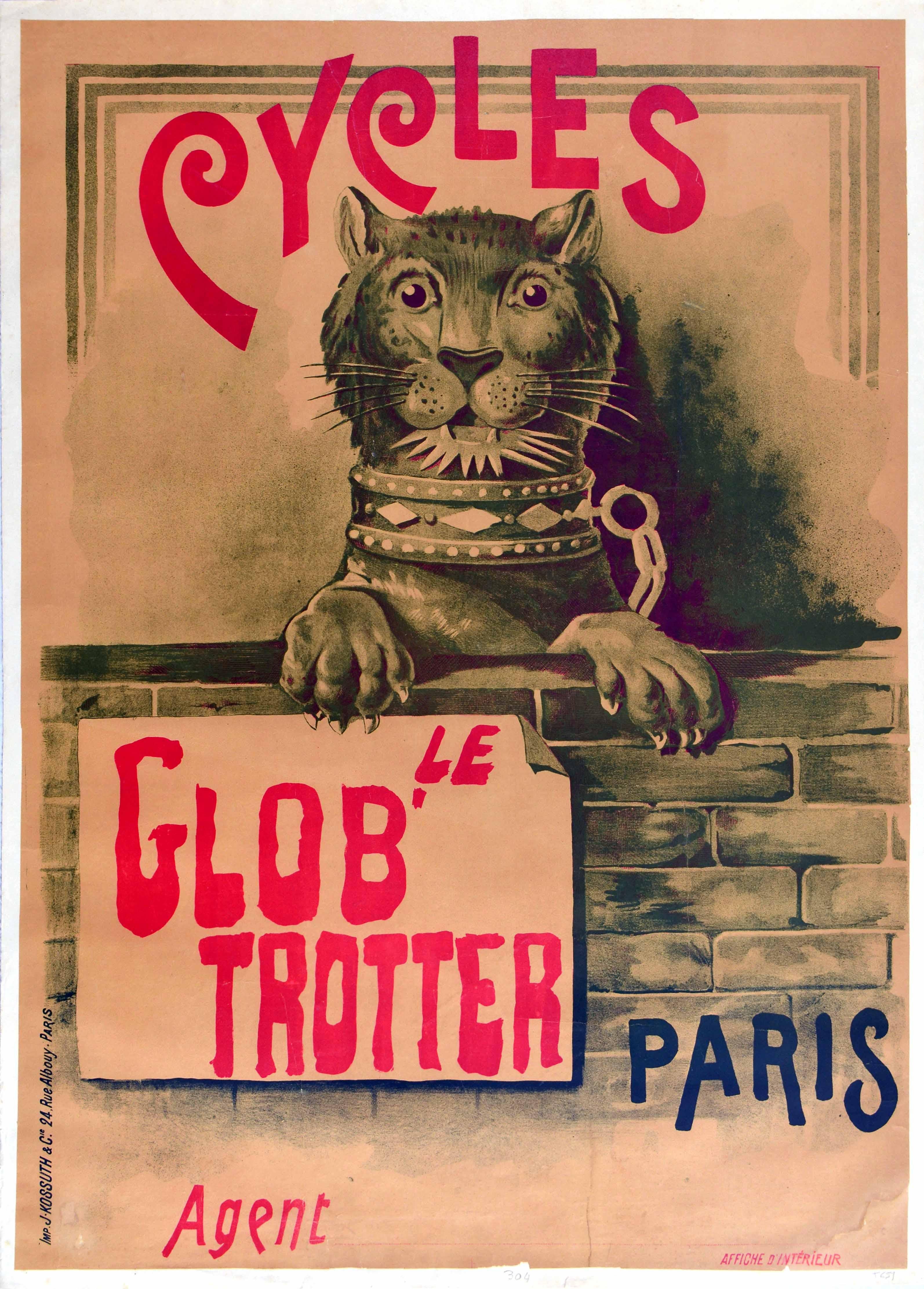 Unknown Print - Original Antique Poster Le Glob' Trotter Cycles Paris Bicycle Lion Design Bike