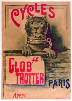 Original Antique Poster Le Glob' Trotter Cycles Paris Bicycle Lion Design Bike