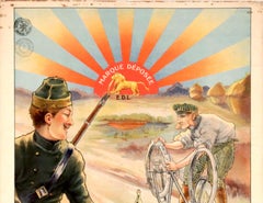 Original Antique Poster Le Pneu Le Lion Bicycle Tyres Belgium Carabiniers Belges