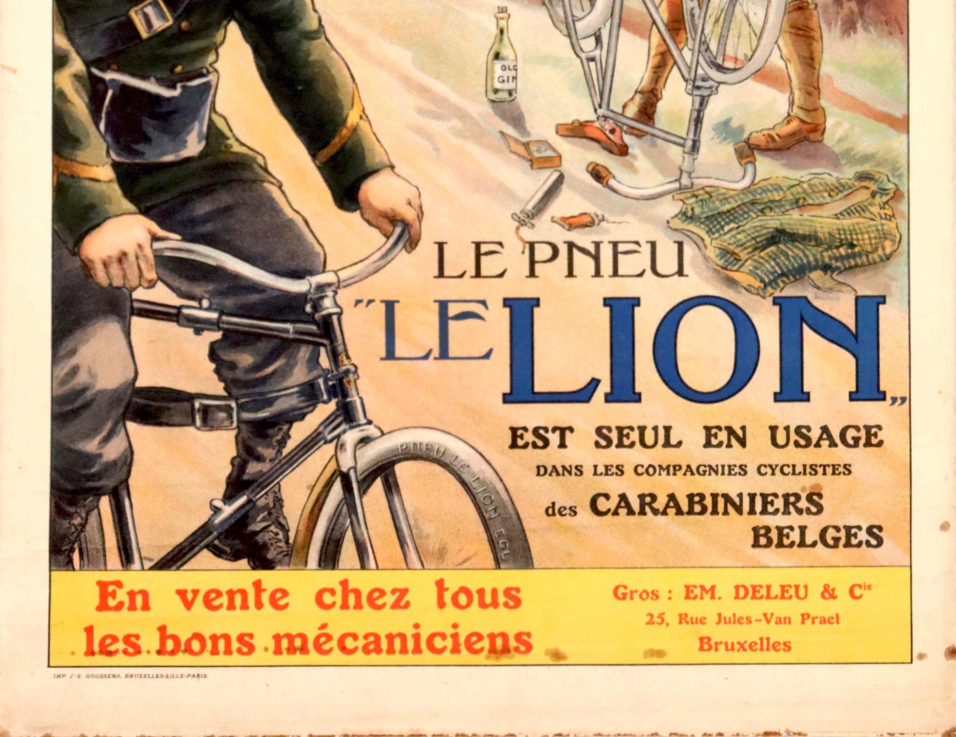 Original Antique Poster Le Pneu Le Lion Bicycle Tyres Belgium Carabiniers Belges - Beige Print by Unknown