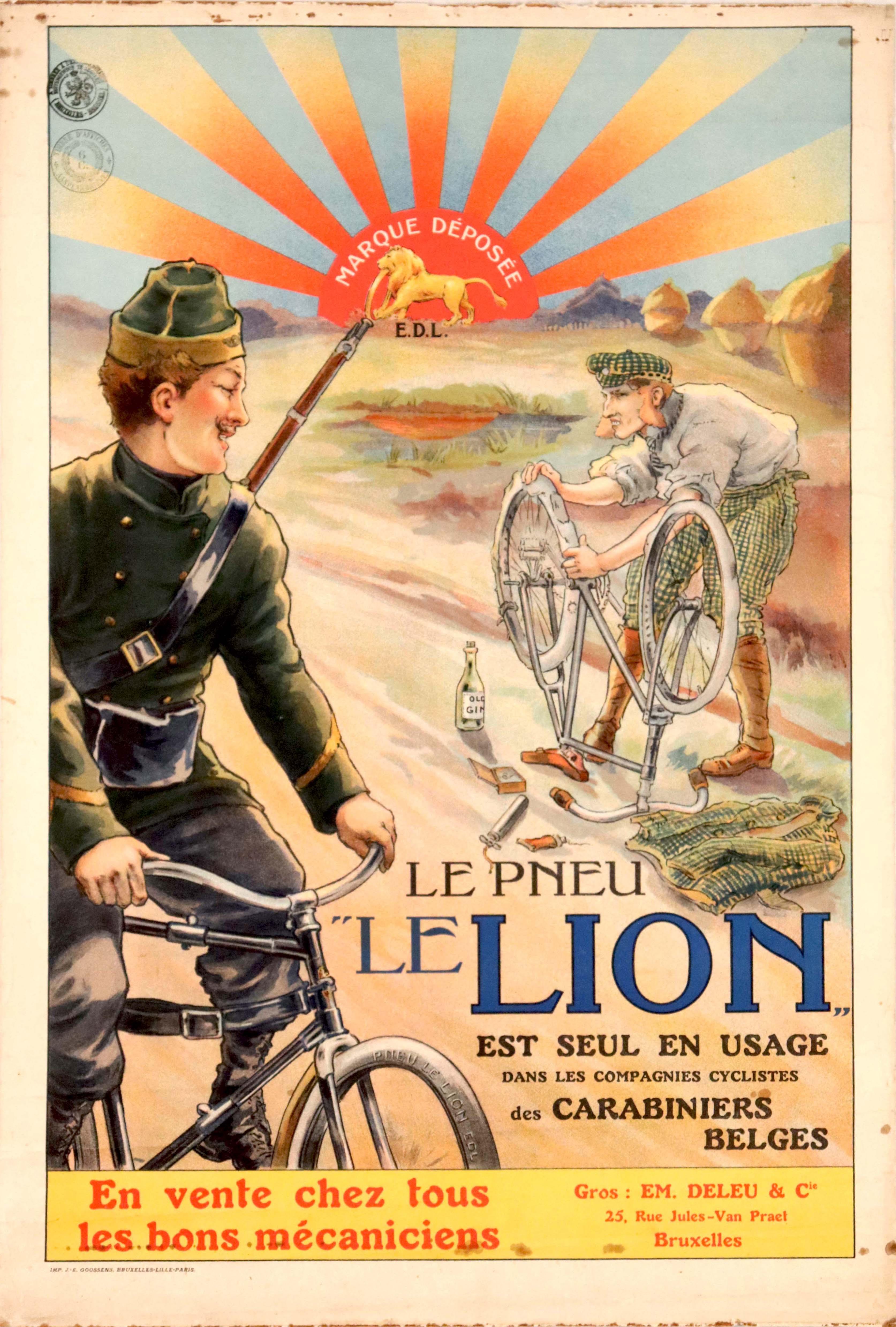 Unknown Print - Original Antique Poster Le Pneu Le Lion Bicycle Tyres Belgium Carabiniers Belges