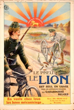 Affiche vintage d'origine Le Pneu Le Lion, Tyres en Belgique, Carabiniers Belges