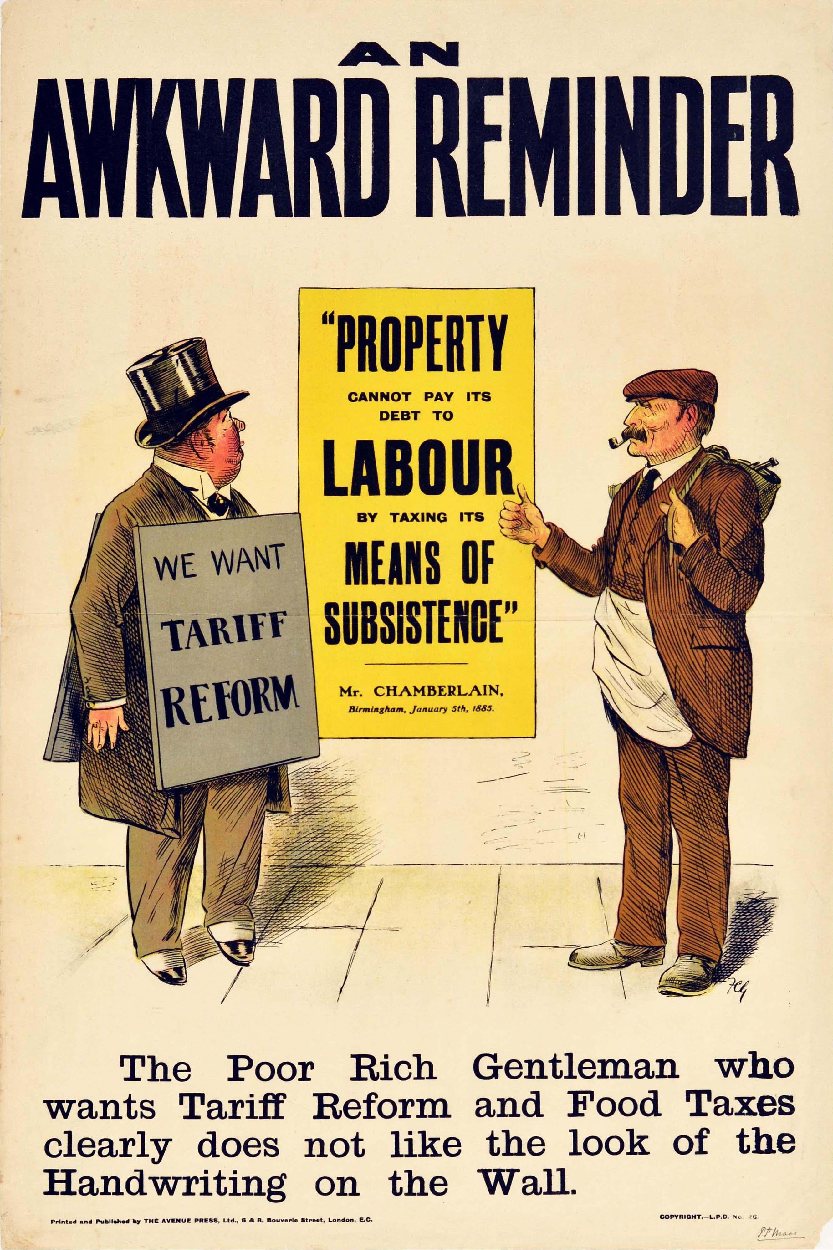 Unknown Print – Original Antikes Original-Poster, liberale Partei, „An Awkward Reminder“, Reform der Lebensmittelsteuer