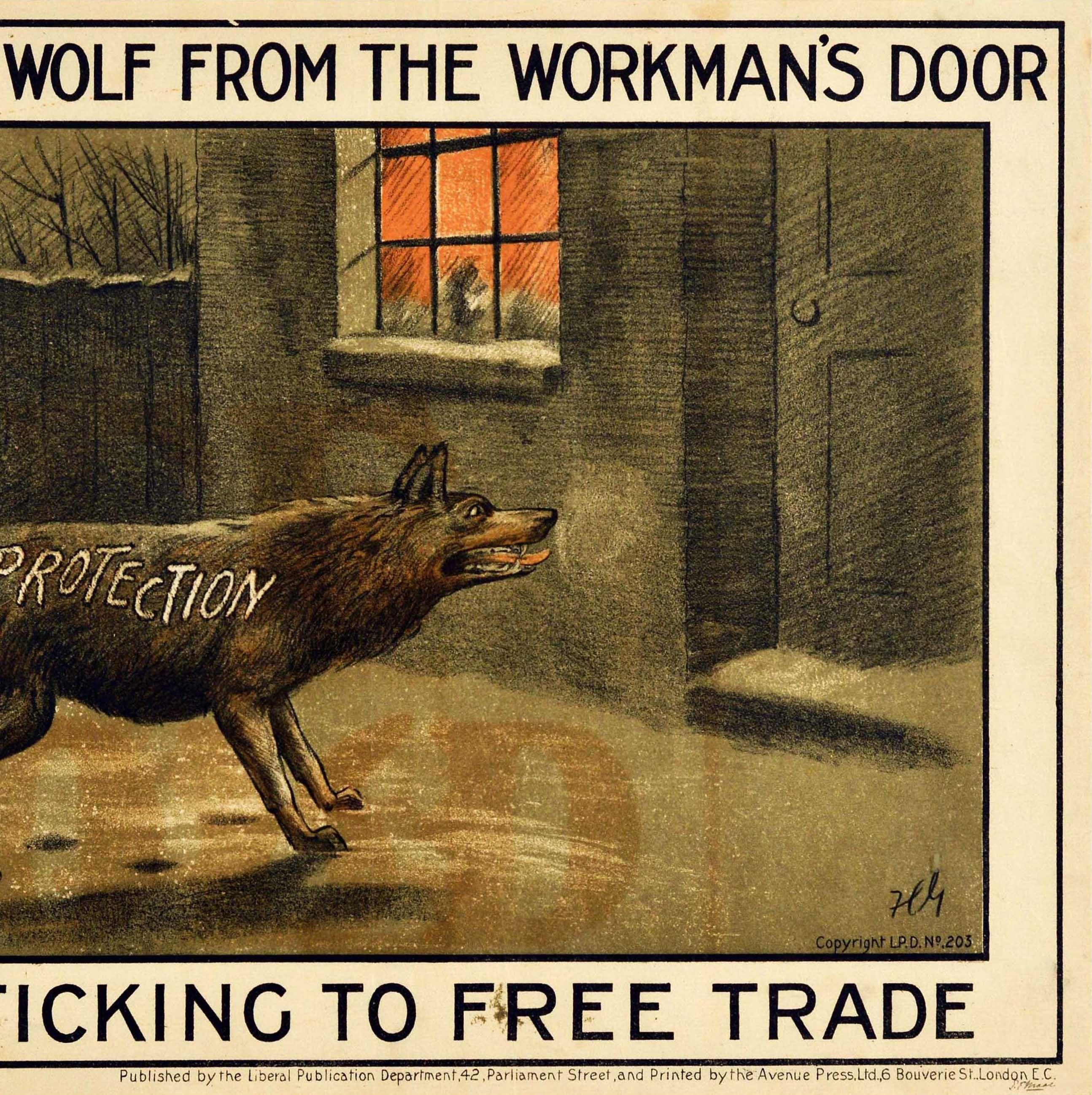 Cartel original antiguo de propaganda política electoral emitido por el Partido Liberal - Mantén al lobo alejado de la puerta del obrero adhiriéndote al libre comercio - con una ilustración de un lobo jadeante con la palabra Protección marcada en el