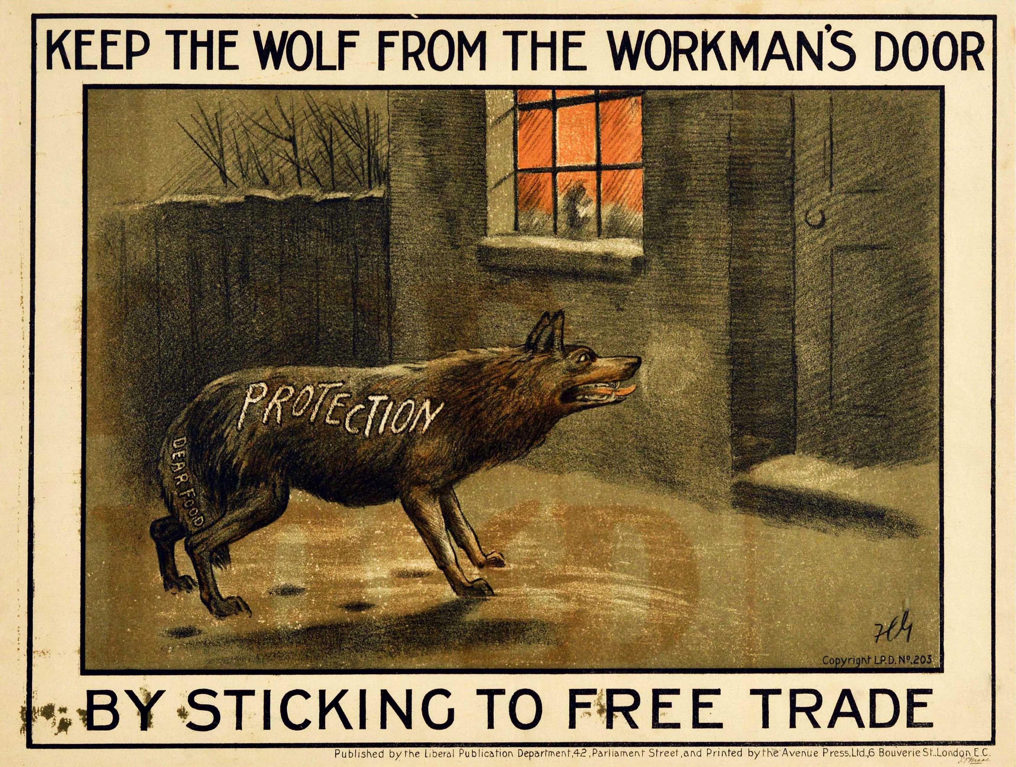 Unknown Print - Original Antique Poster Liberal Party Politics Free Trade Protection Wolf Design