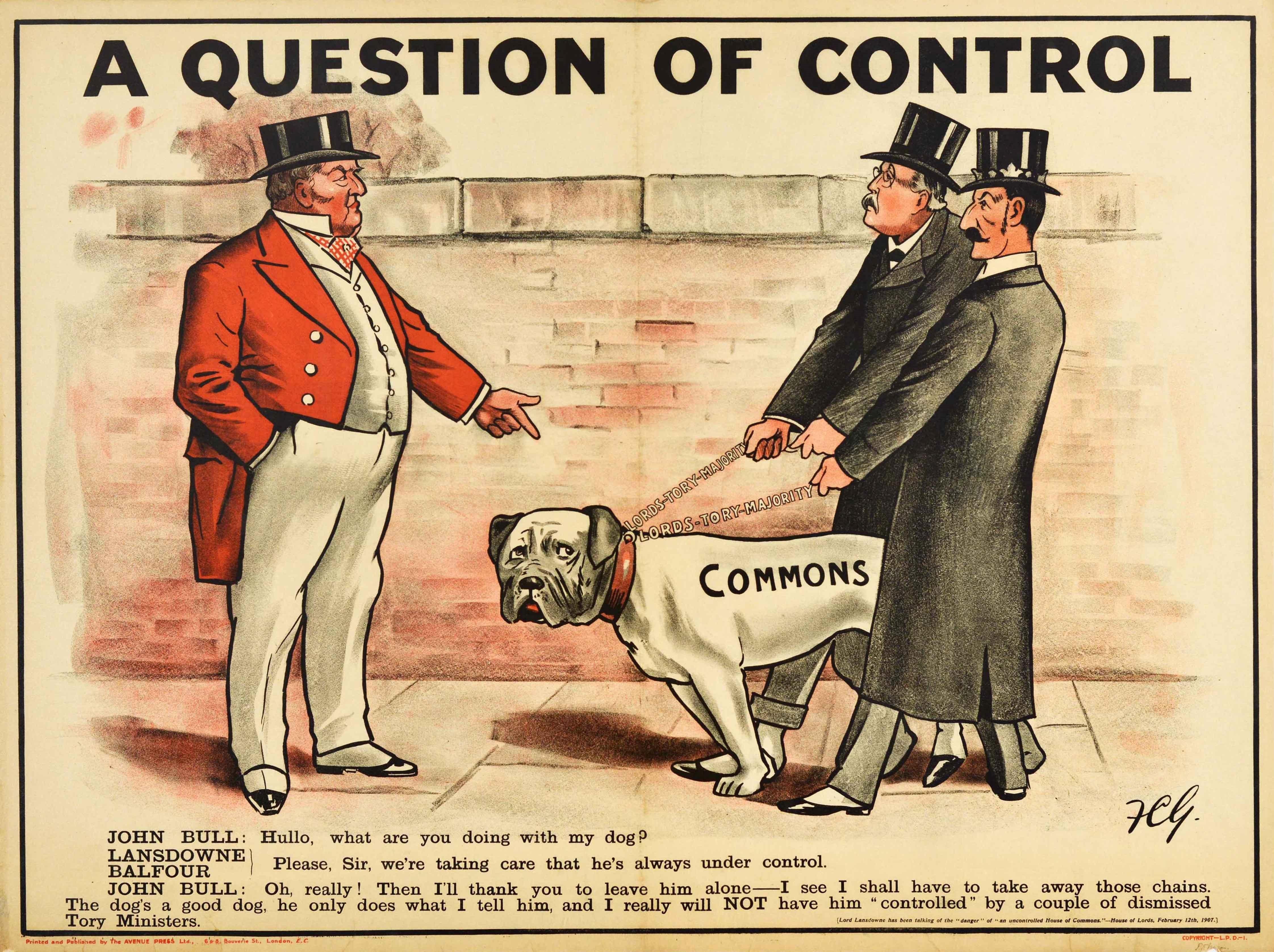 Unknown Print – Original Antikes Original-Poster Liberals Control Commons Lords Tory John Bull Dog Design