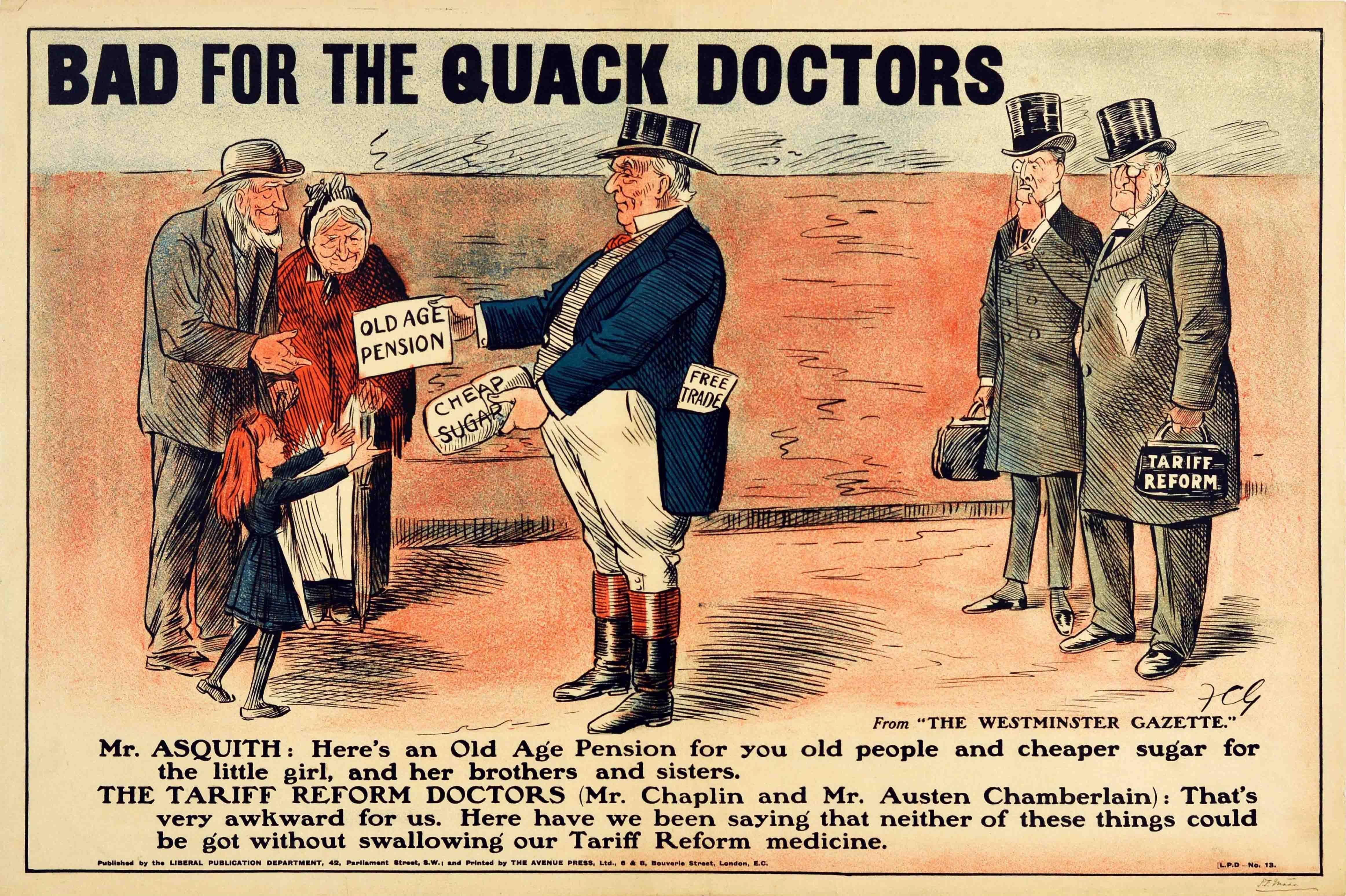 Unknown Print - Original Antique Poster Liberals Tariff Reform Pension Free Trade Quack Doctors