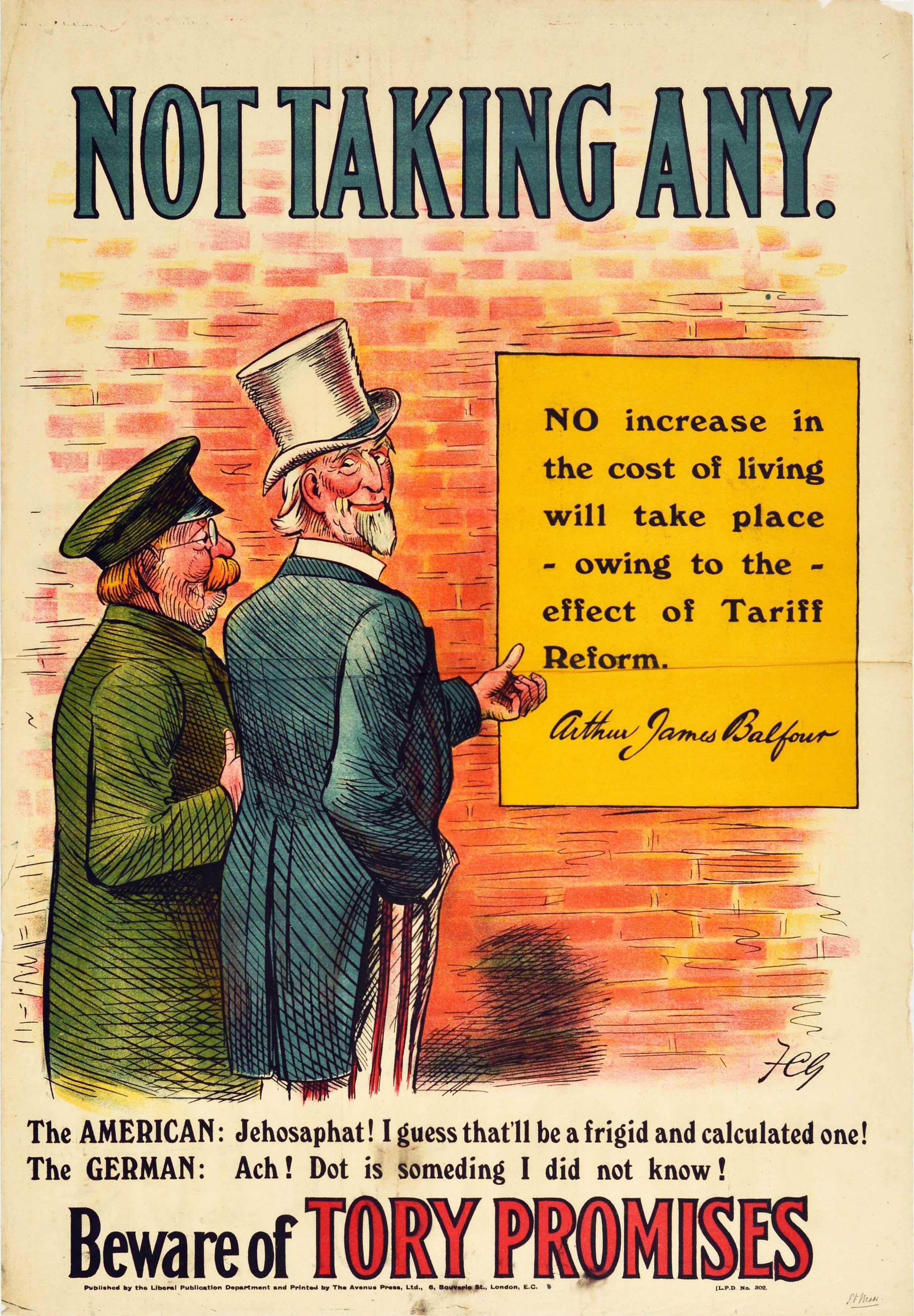 Unknown Print – Original Antikes Original-Poster Liberals Tory Promises, Tarifreform, Deutsch & Onkel Sam 