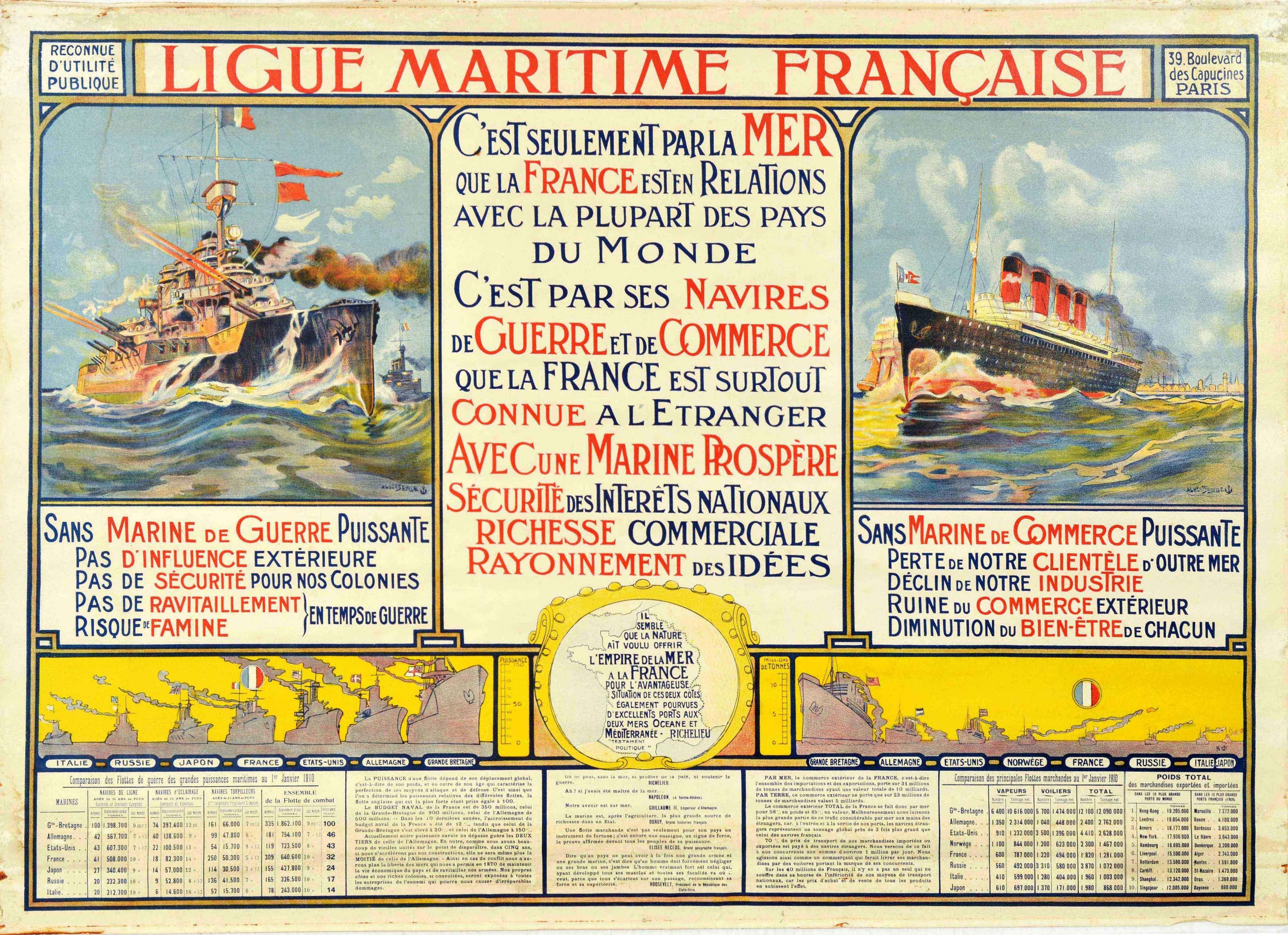 Originales antikes Plakat für die Ligue Maritime Francais / Französische Seefahrtsliga mit einem Kriegsschiff, das auf See Kanonen abfeuert, und einem Kreuzfahrtschiff mit den Vorteilen beider Schiffe in der Mitte - C'est seulement par la mer que la