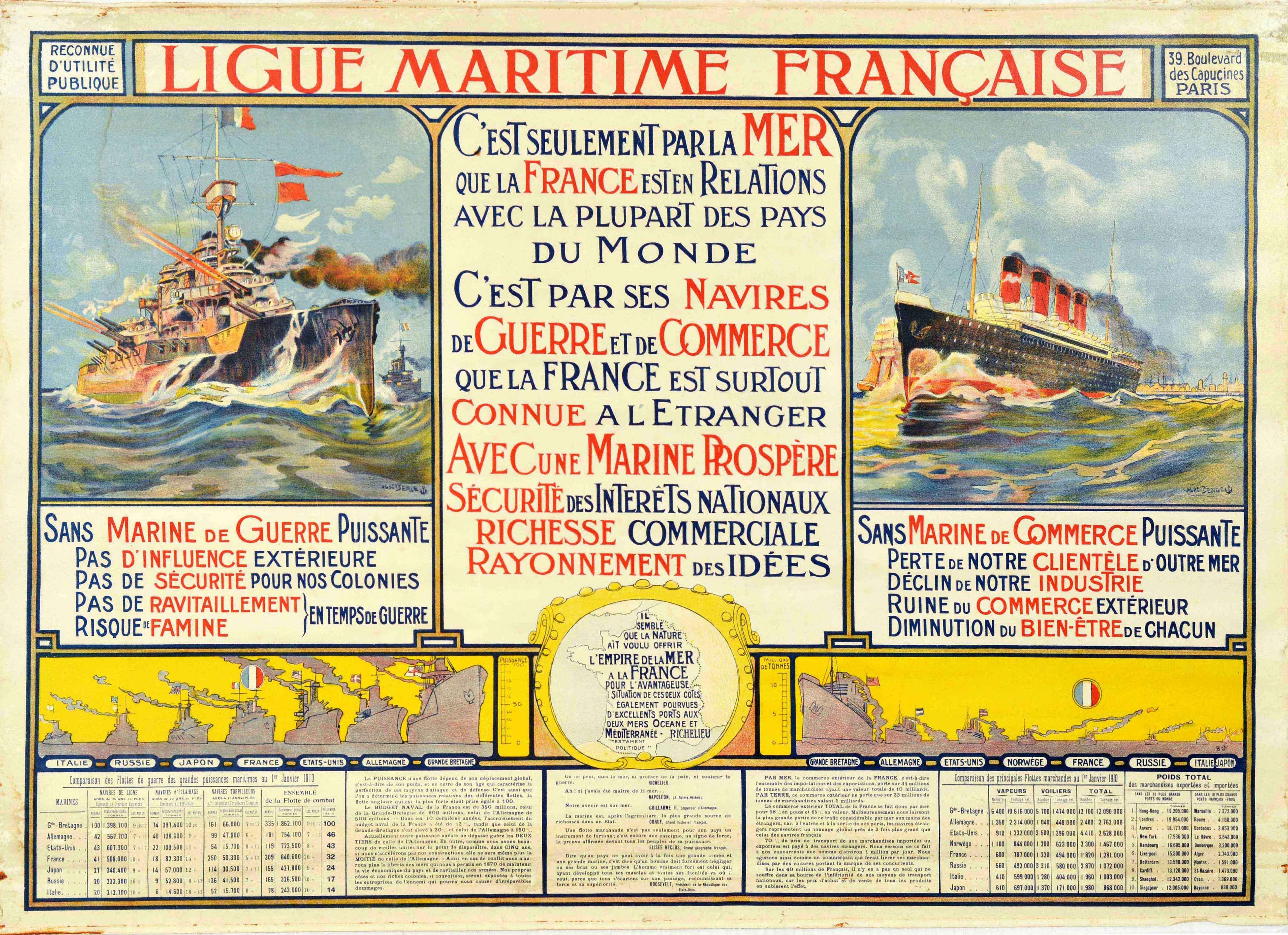 Print di Unknown - Poster originale antico Ligue Maritime Francais Marina Militare Guerra Mercantile Navi da Crociera