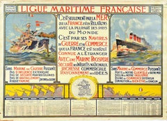 Original Antikes Original-Poster, Ligue Maritime Francais Navy, Krieg, Handels- und Kreuzfahrtschiffe 