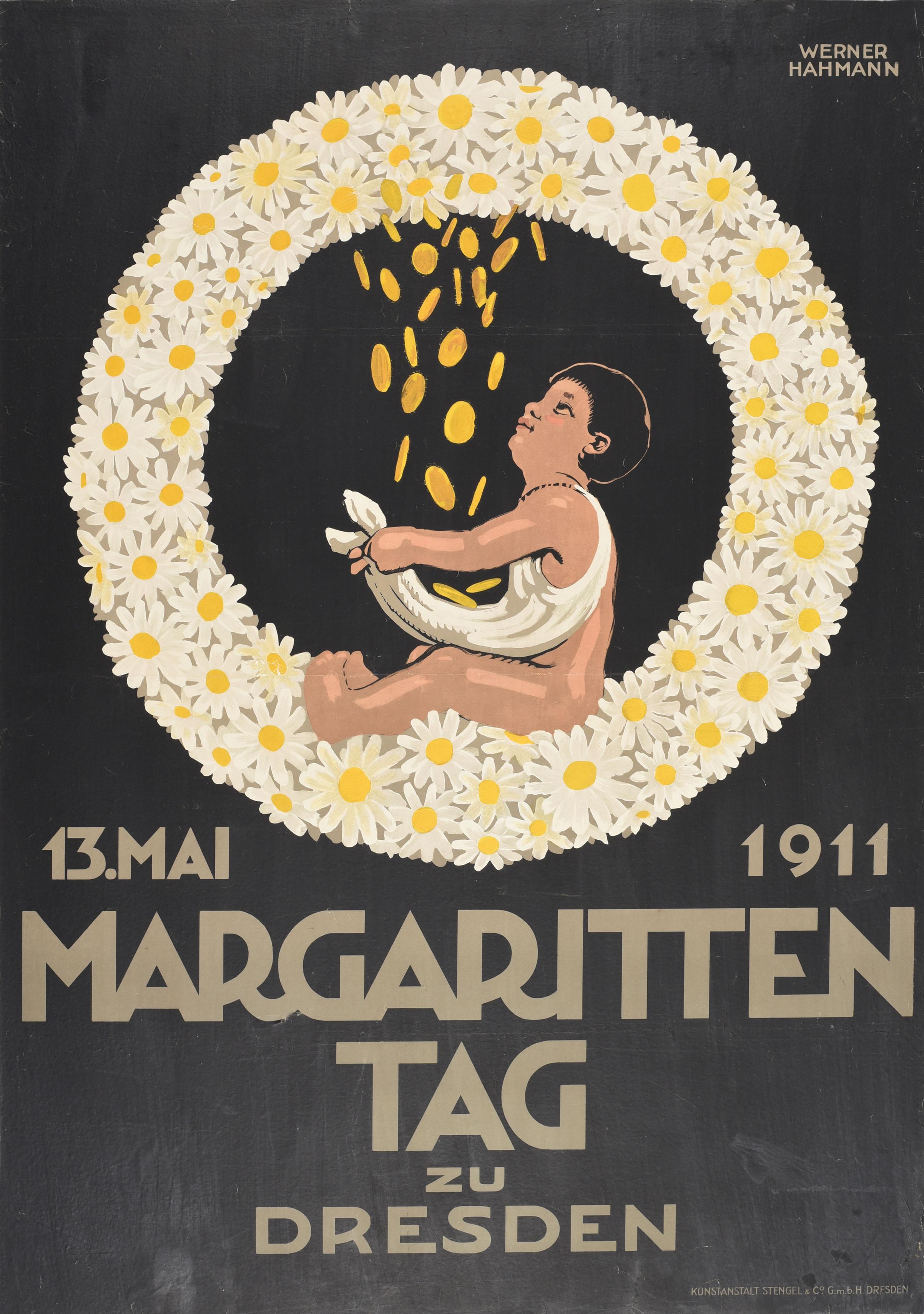 Unknown Print - Original Antique Poster Margaritten Tag Dresden Daisy Flowers Child Charity Day