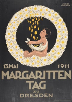 Affiche ancienne d'origine Margaritten étiquette, Margaritten, Dresde, Fleurs de marguerite, Journée de bien-être d'un enfant