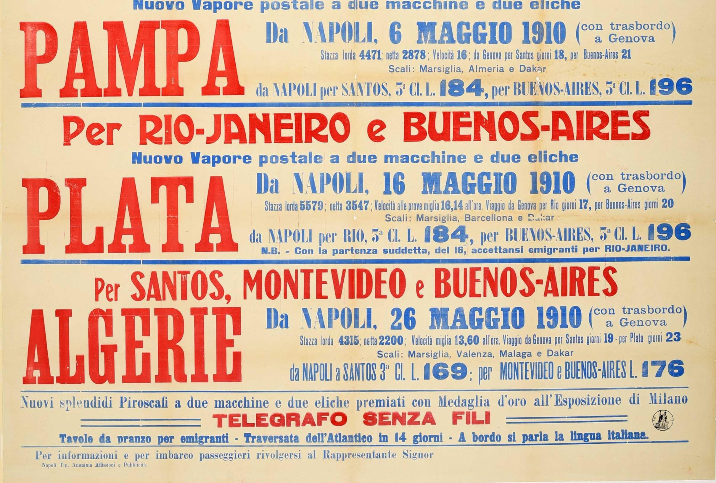 Original Antikes Originalplakat, maritimes Dampfschiff, Kreuzfahrt, Reisen, Italien, nach Südamerika (Beige), Print, von Unknown