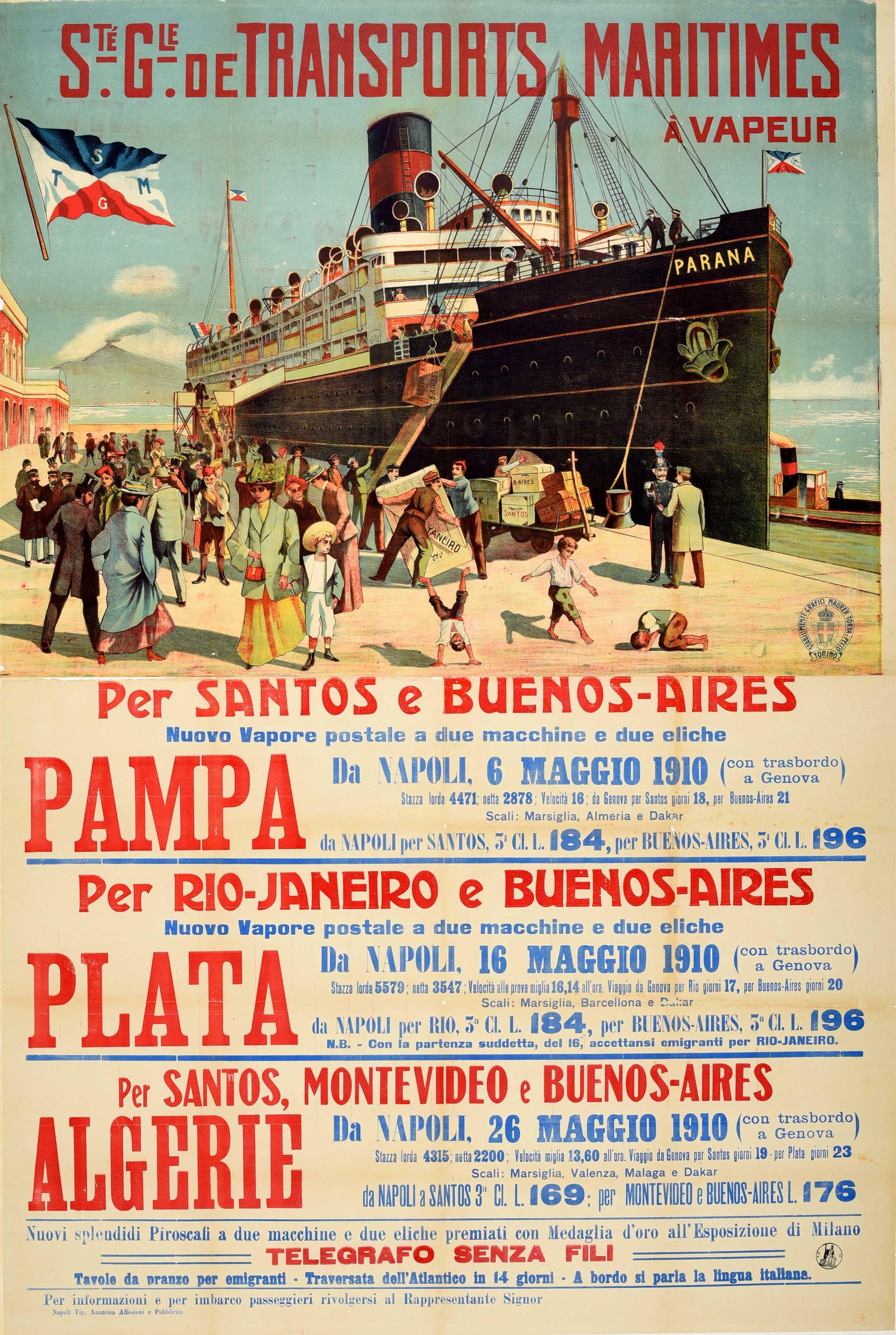 Unknown Print – Original Antikes Originalplakat, maritimes Dampfschiff, Kreuzfahrt, Reisen, Italien, nach Südamerika