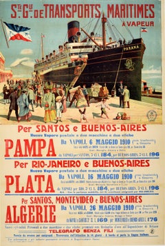 Affiche rétro originale d'antiquités, bateau de croisière maritime à vapeur, voyage en Italie et en Amérique du Sud