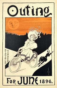 Original Antique Poster Outing Bicycle Number June 1896 Cyclist Dog Moon Artwork