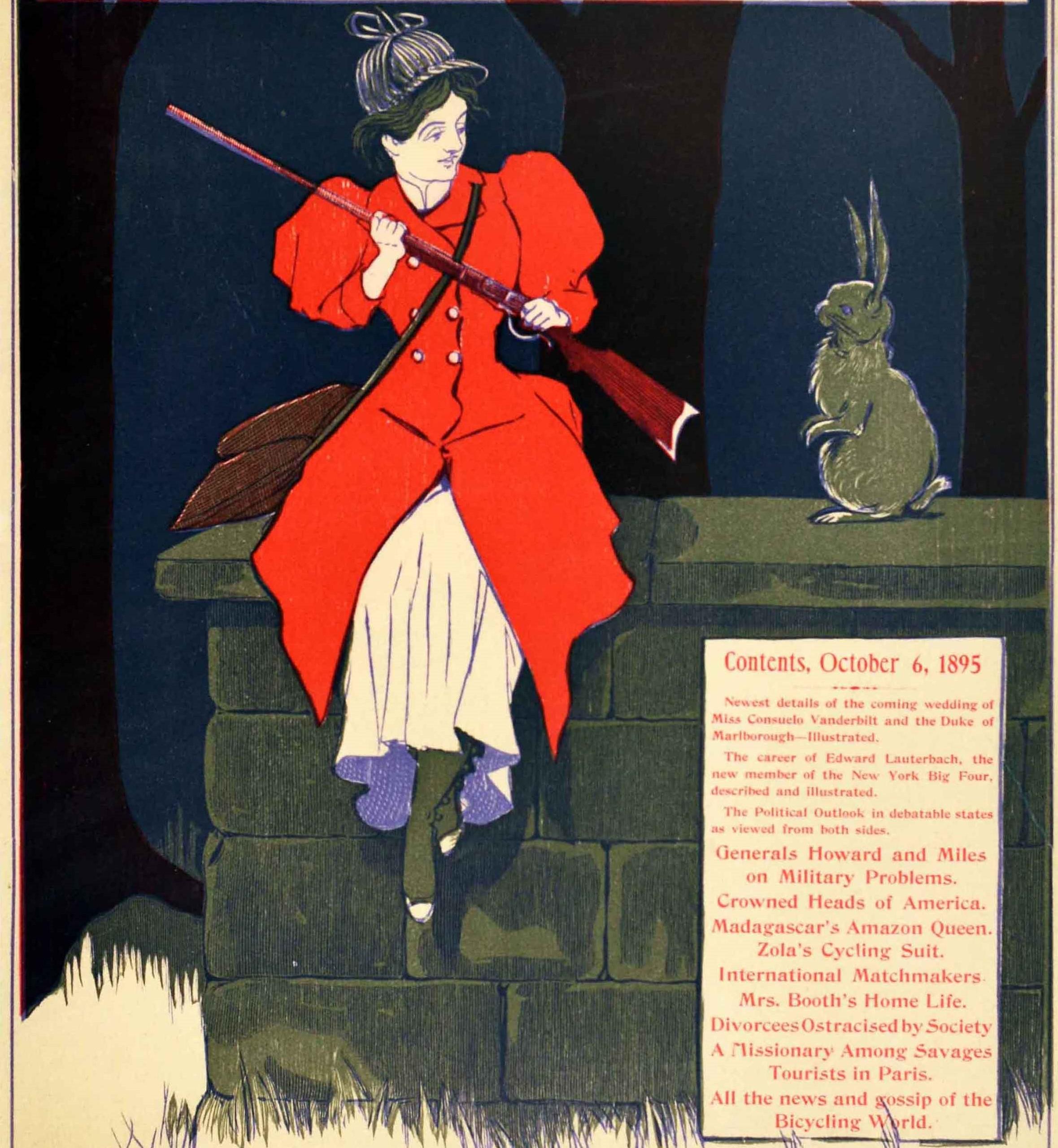 Affiche publicitaire ancienne originale pour l'édition du 6 octobre 1895 du journal Philadelphia Sunday Press (1857-1920) présentant une image colorée d'une dame en manteau de chasseur rouge, chapeau de cerf et sac sur l'épaule, tenant un fusil et