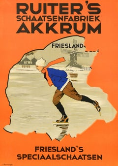 Original Antique Poster Ruiter Ice Skating Factory Friesland Special Skates