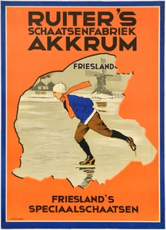 Original Antique Poster Ruiter Ice Skating Factory Friesland Special Skates