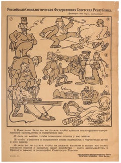 Original Antique Poster Soviet Russia Civil War Red Army Recruitment Capitalist