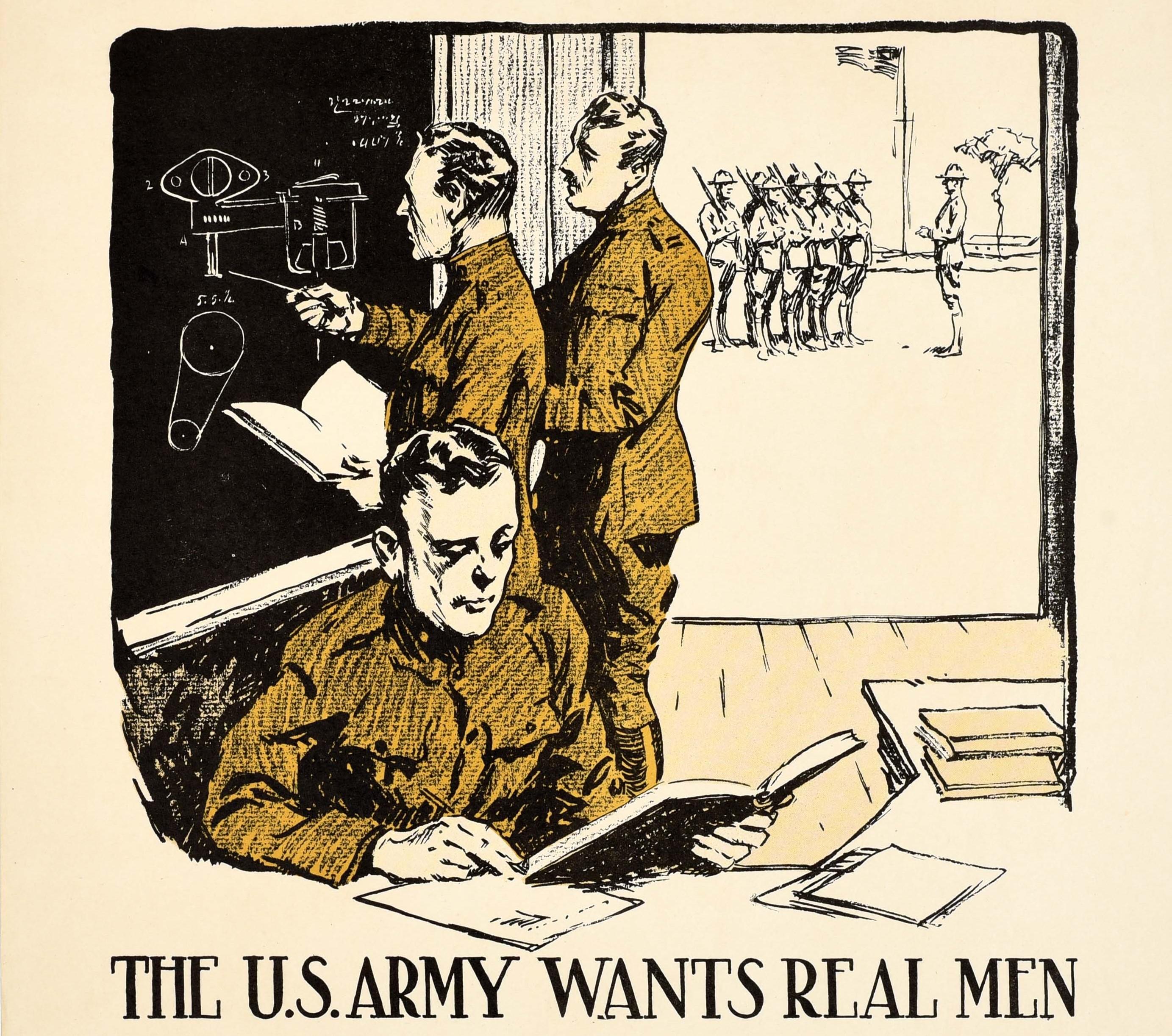 Original antikes Rekrutierungsplakat aus dem Ersten Weltkrieg - The U.S. Army wants real men Join the University in Khaki and fit yourself for higher rank in civil life or a commission in the army You earn while you learn - mit einem großartigen