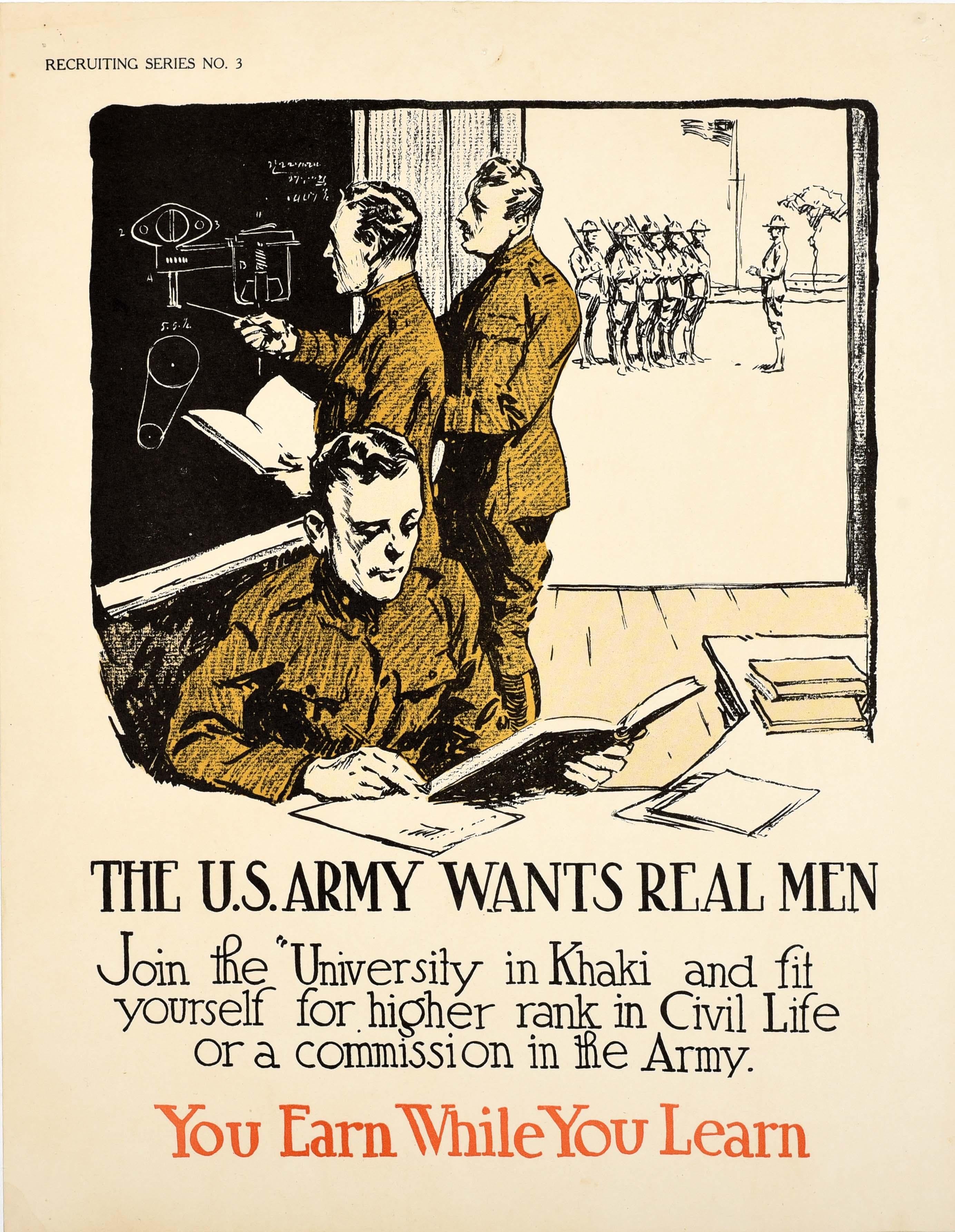 Unknown Print - Original Antique Poster US Army Wants Real Men Military Recruitment Education