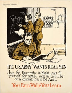 Original Antique Poster US Army Wants Real Men Military Recruitment Education