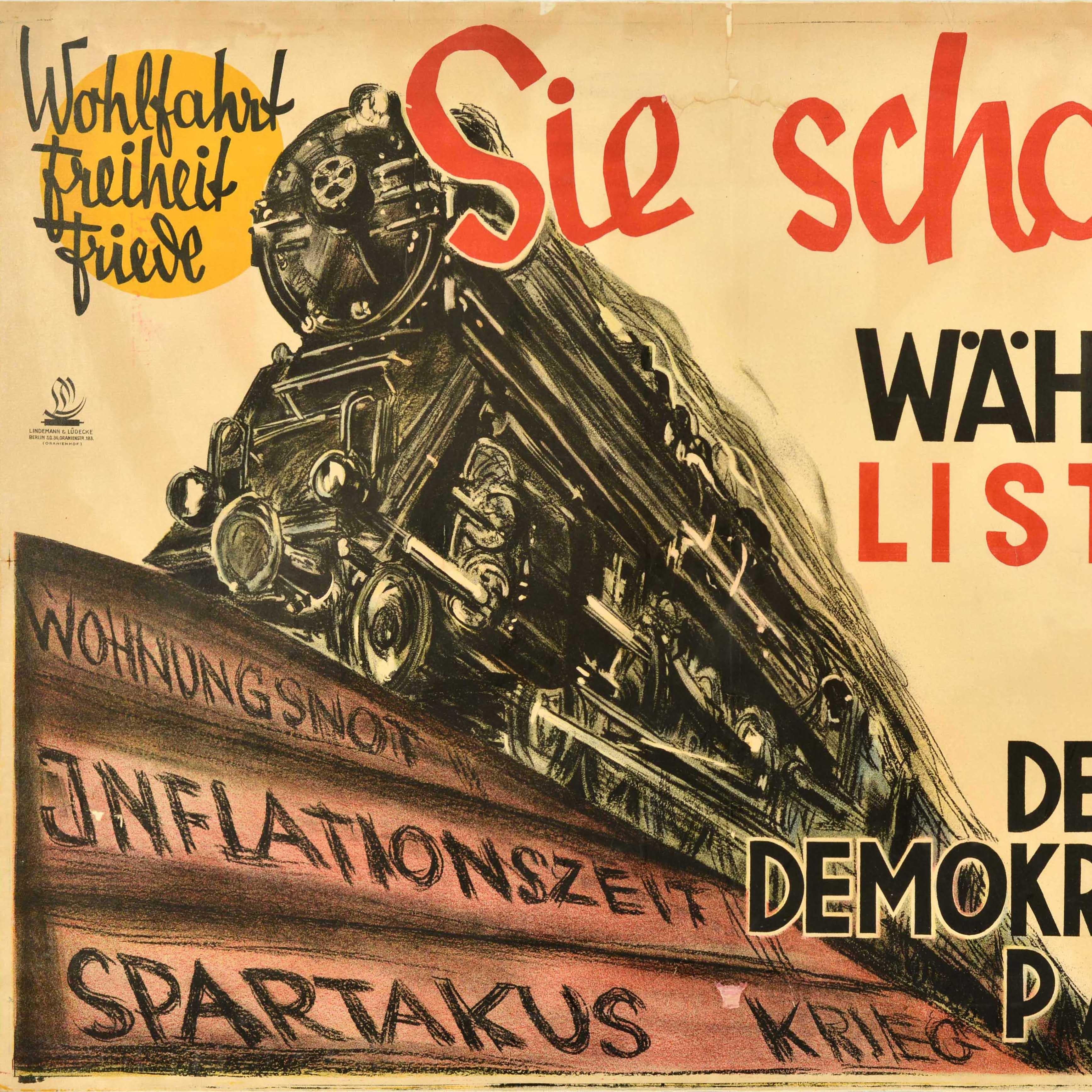 Original Antikes Propaganda-wahlplakat der deutschen Demokratischen Partei, Zugliste 6 (Orange), Print, von Unknown