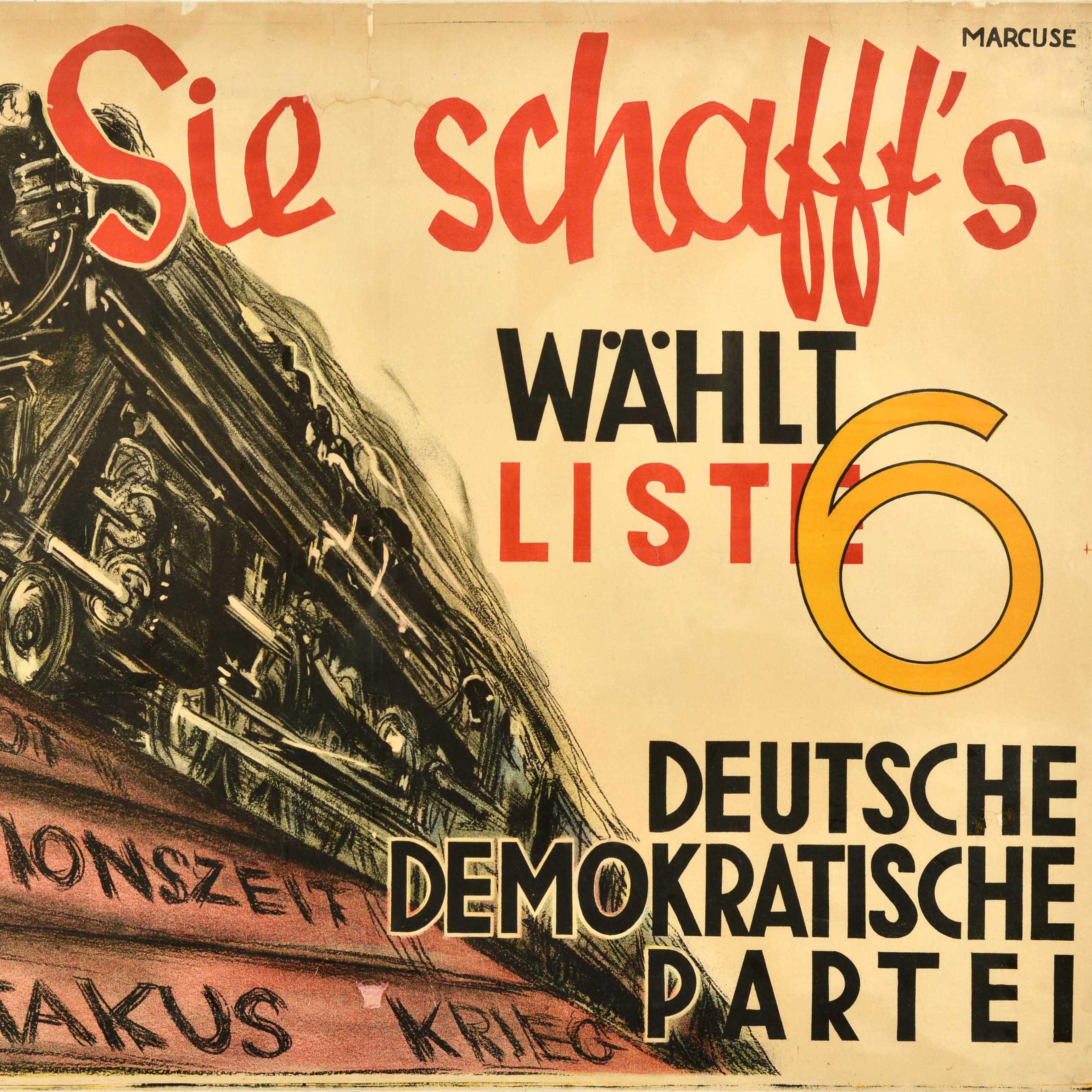Originales antikes Propagandawahlplakat für die Deutsche Demokratische Partei - mit einem dynamischen Design, das einen Dampfzug zeigt, der mit hoher Geschwindigkeit auf einem Gleis fährt, das auf Wohnungsnot Inflationzeit Spartakus Kreig verweist,