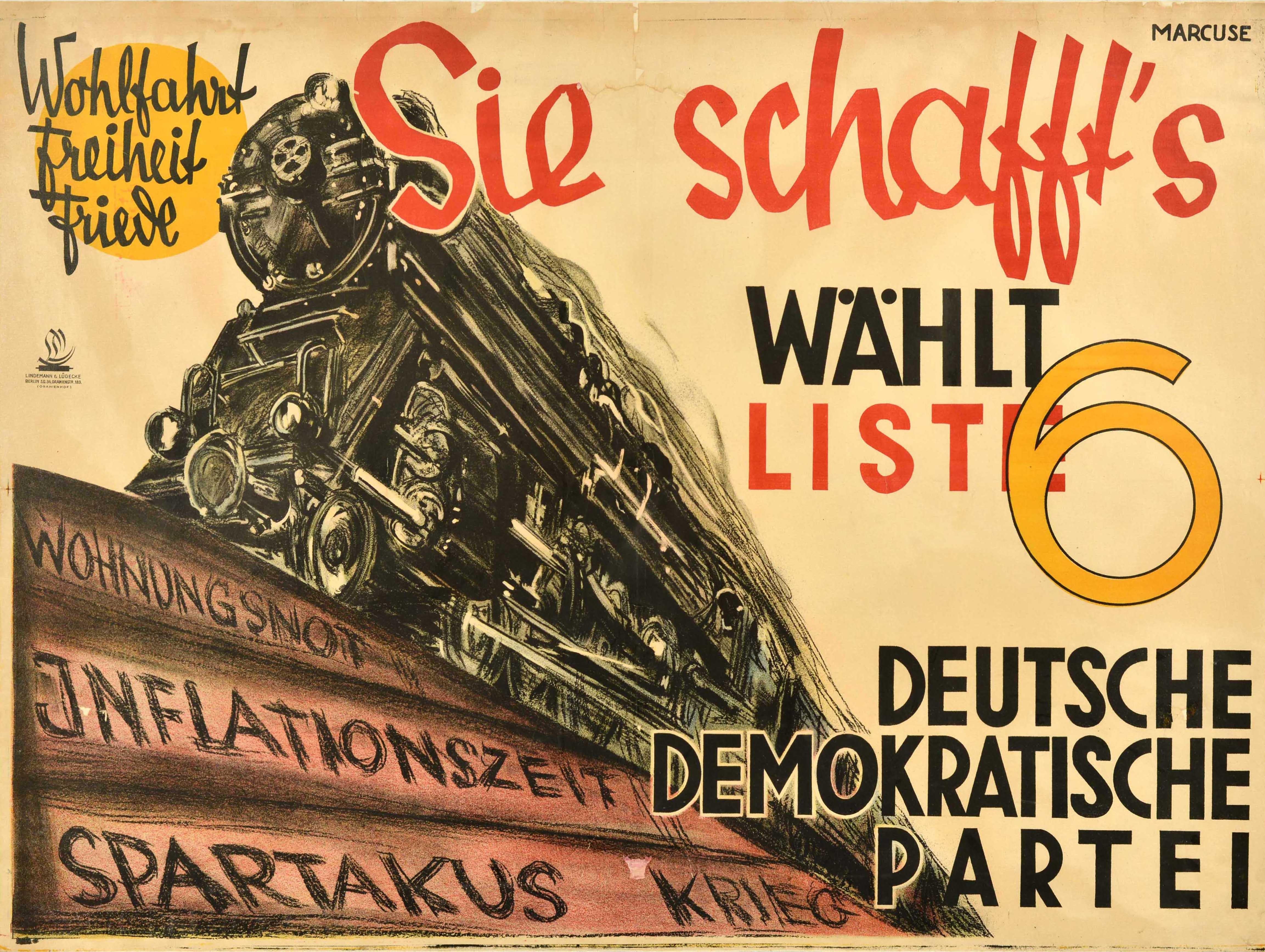 Unknown Print – Original Antikes Propaganda-wahlplakat der deutschen Demokratischen Partei, Zugliste 6