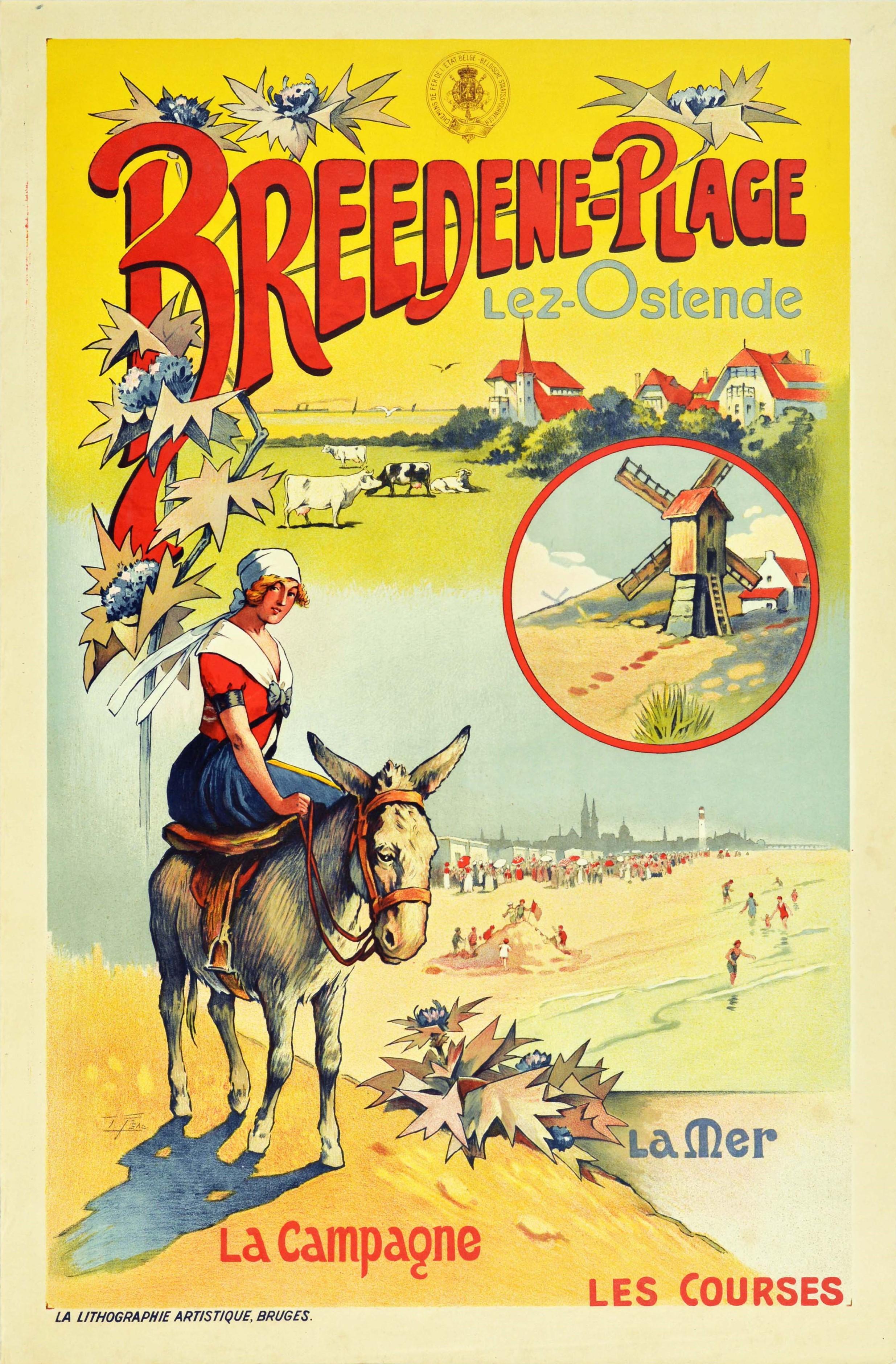 Unknown Print - Original Antique Railway Travel Poster Breedene Plage Lez Ostende Beach Belgium 