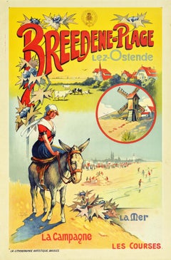 Original Antique Railway Travel Poster Breedene Plage Lez Ostende Beach Belgium 