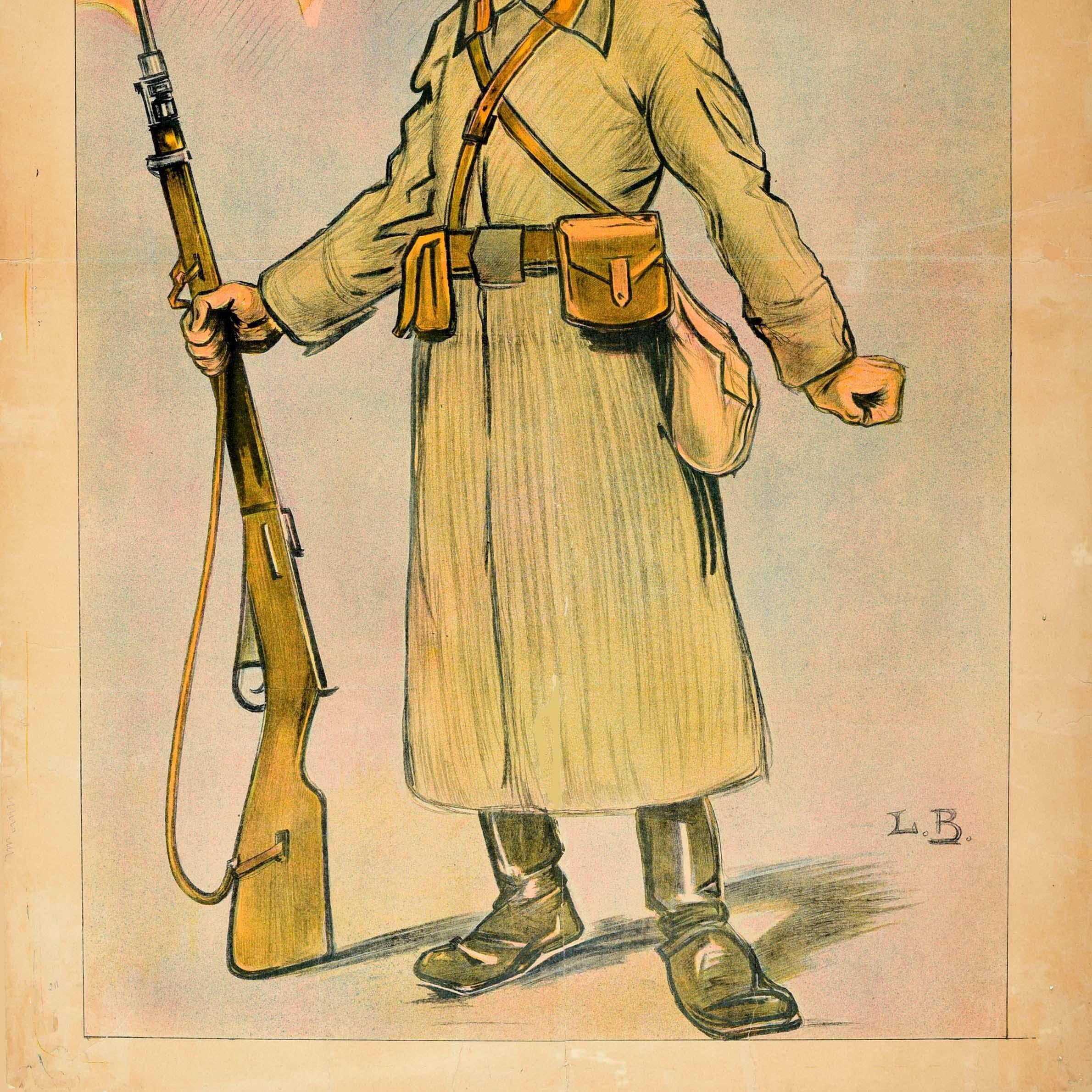 Antico manifesto di propaganda sovietica - Uomo dell'Armata Rossa dell'anno 1919 / Кра�сно Армеец 1919 го Года - con l'illustrazione di un soldato in uniforme che impugna un fucile e il testo del titolo in grassetto stilizzato sopra drammatici raggi