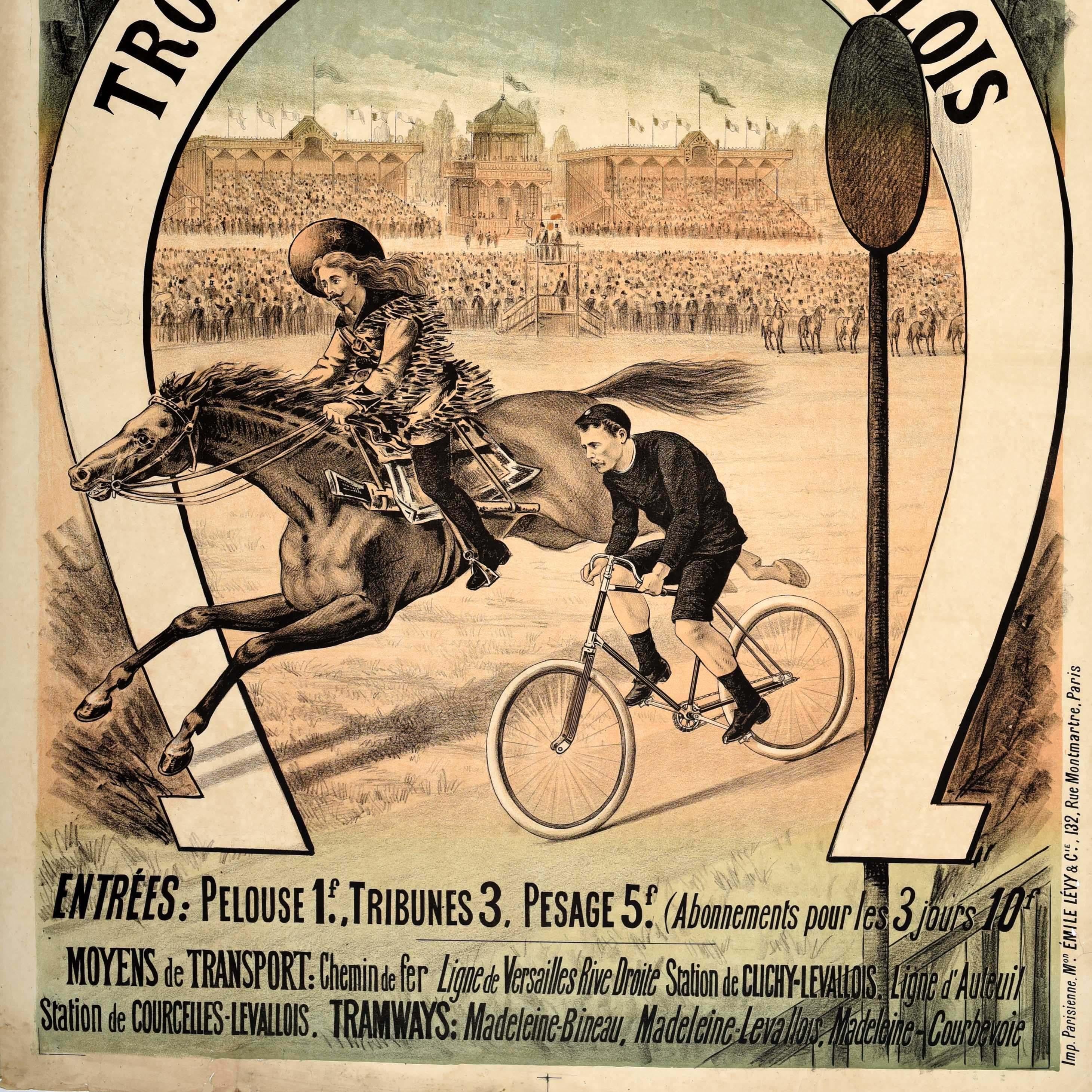 Original antique sport poster advertising the Trotting Club Levallois racing event between horse riders and cyclists featuring a great design depicting a man riding a bicycle at speed next to Buffalo Bill (William Frederick Cody; 1846-1917), the