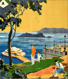Original Antique Train Travel Advertising Poster Plymouth Sunny South Devon GWR