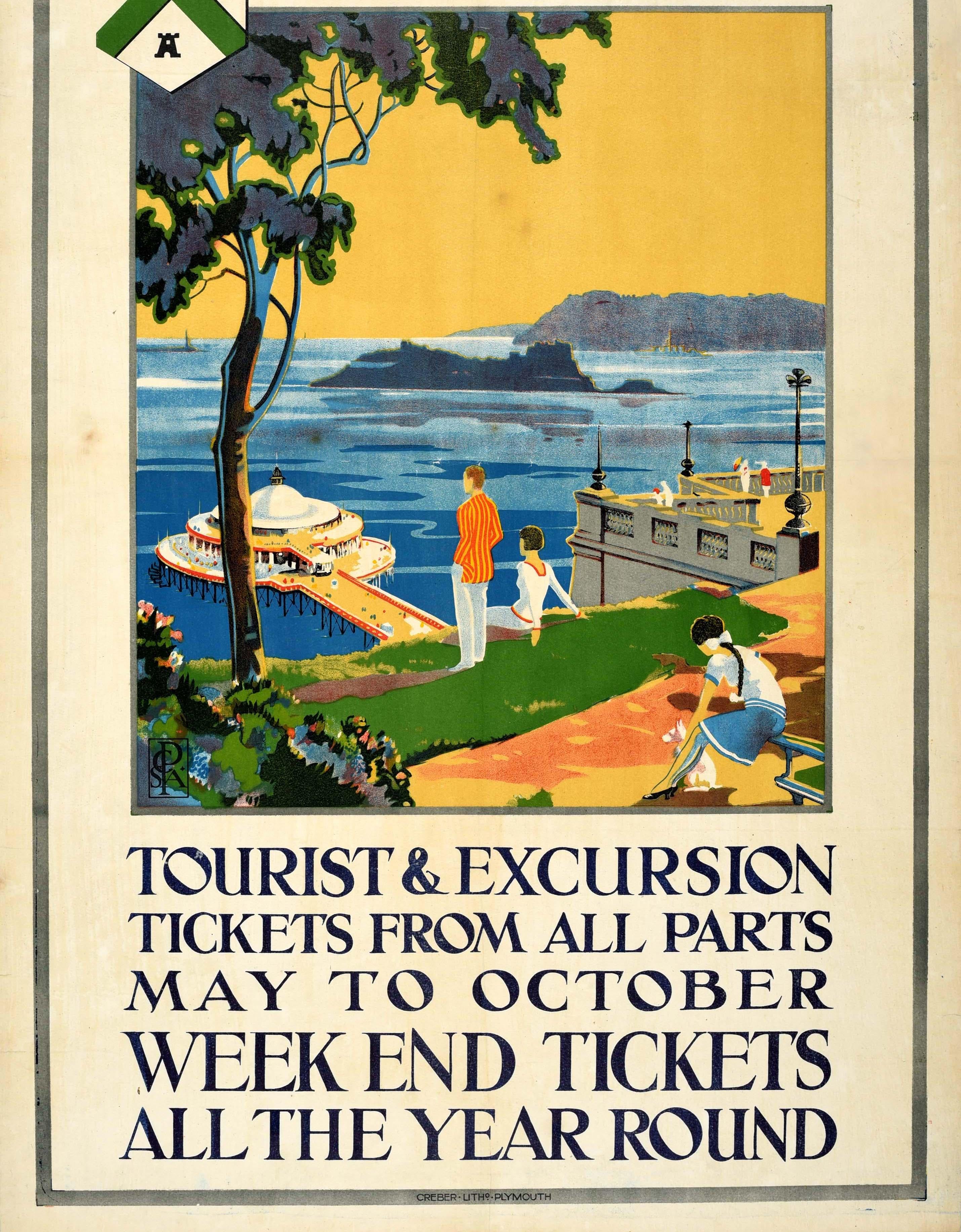 Original antique train travel advertising poster - Great Western Railway Plymouth The centre of 100 tours in sunny South Devon - featuring a colourful Art Deco style illustration of people admiring the view on a hill in the foreground looking down