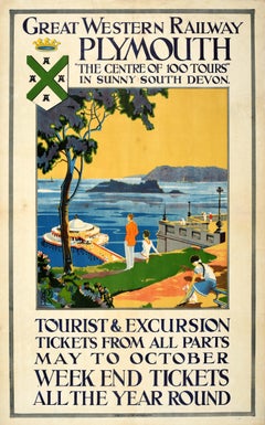 Original Antique Train Travel Advertising Poster Plymouth Sunny South Devon GWR