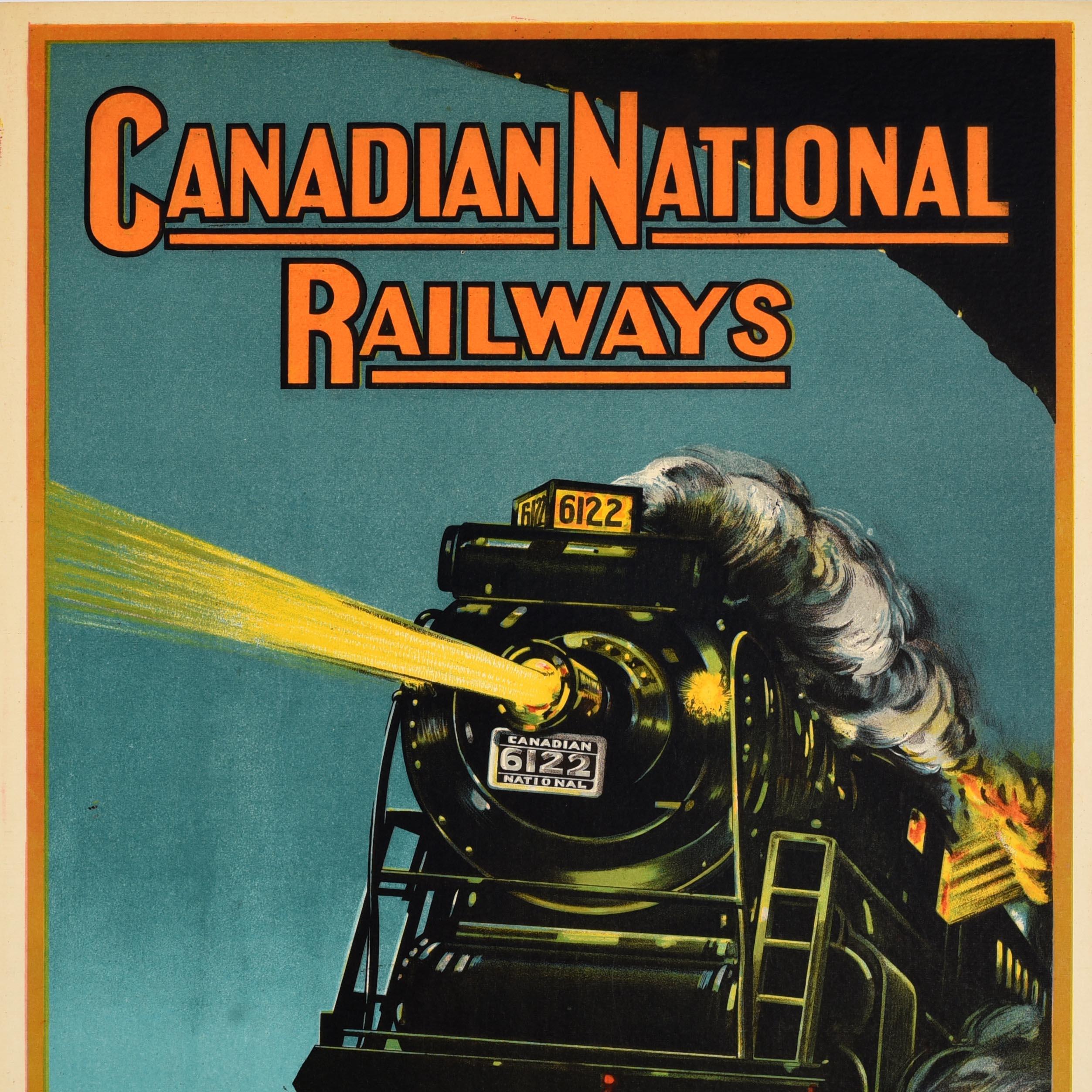 Original antique train travel advertising poster - Canadian National Railways A great railway in a great land - featuring a Canadian National 6122 steam locomotive train running at speed along the rail tracks at night with its lights shining out in